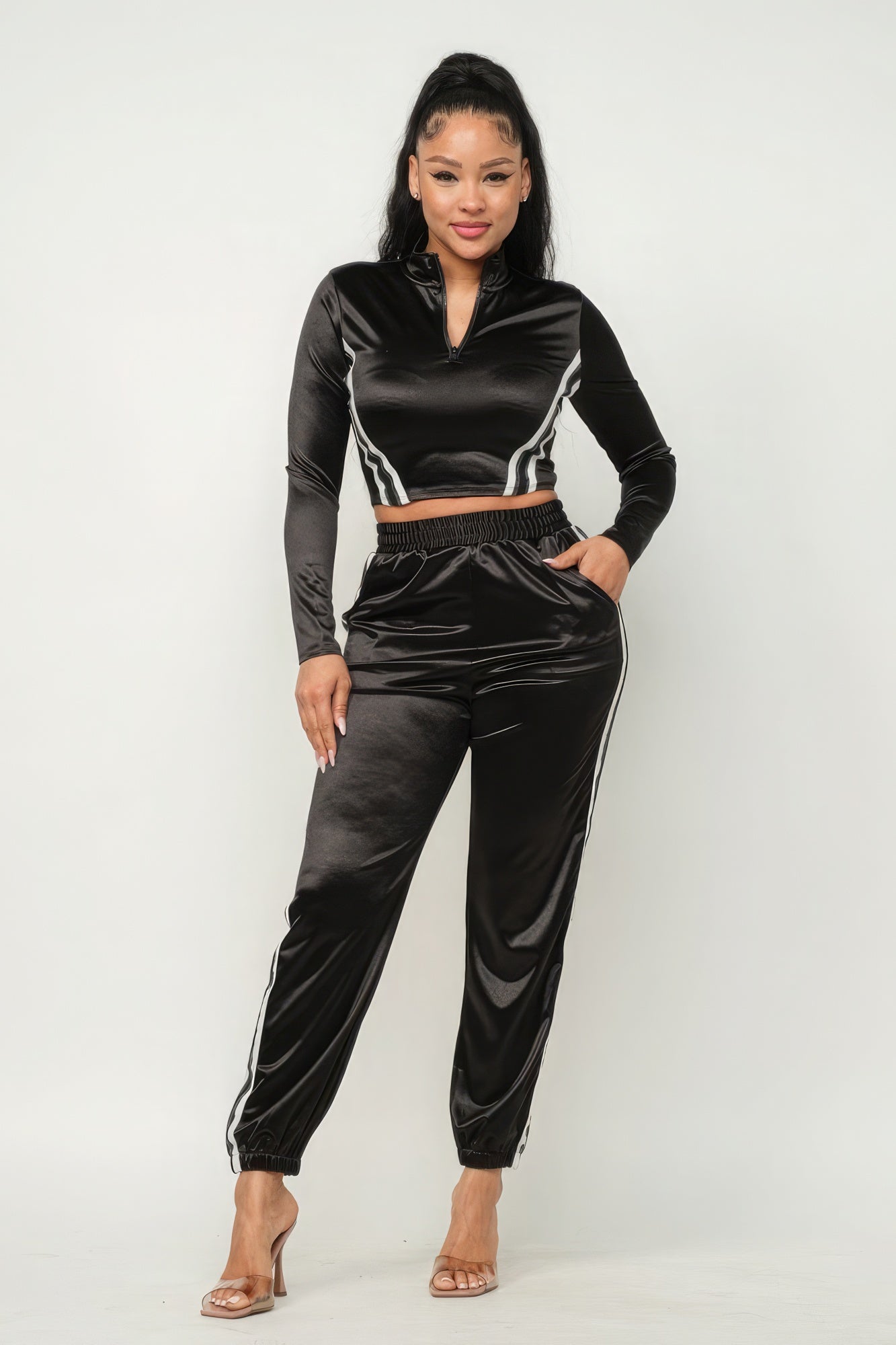 Front Zip Up Stripes Detail Jacket And Pants Set - ShopEasier