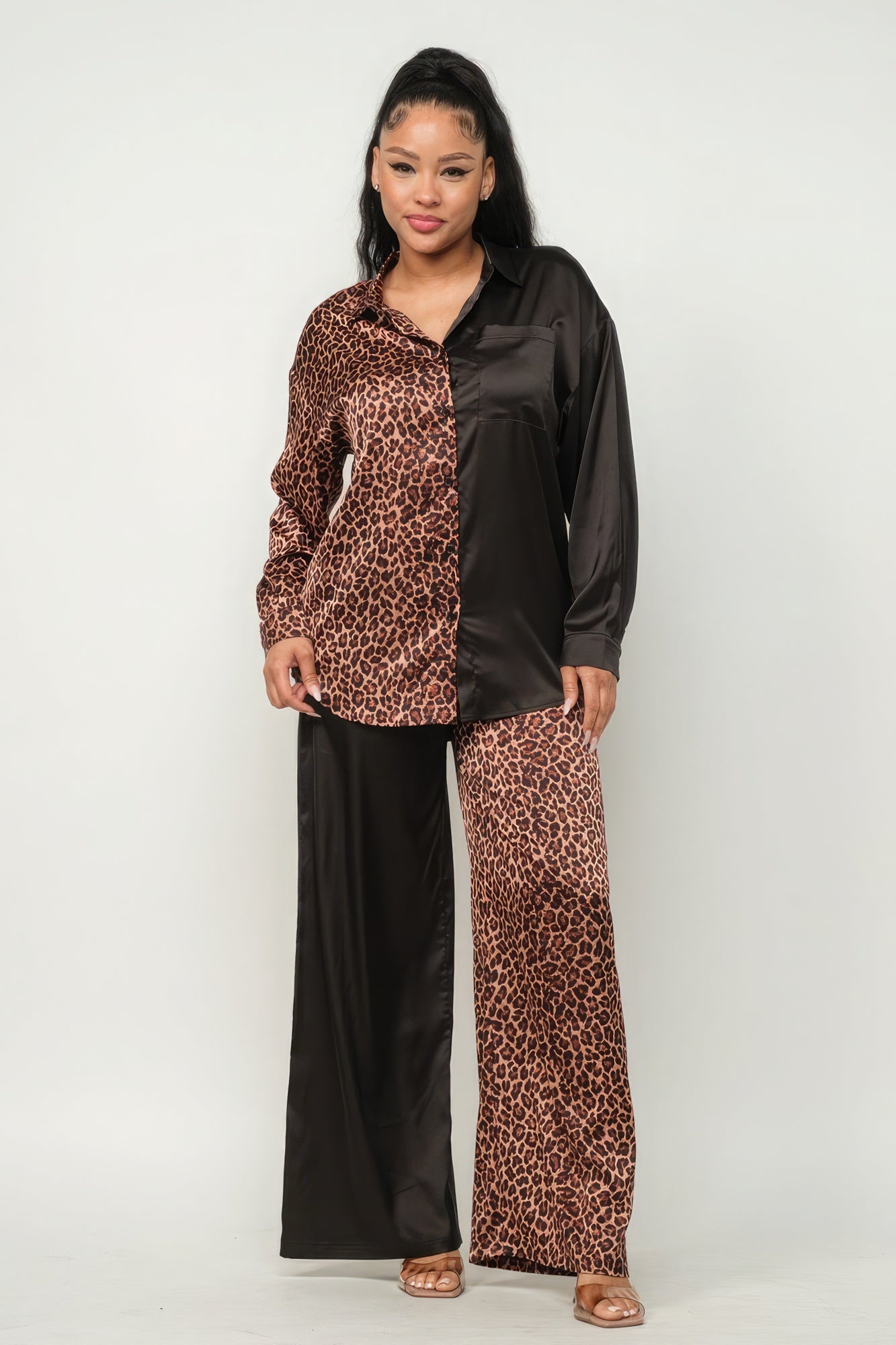 Half Animal Print And Half Solid Top And Pants Set - ShopEasier