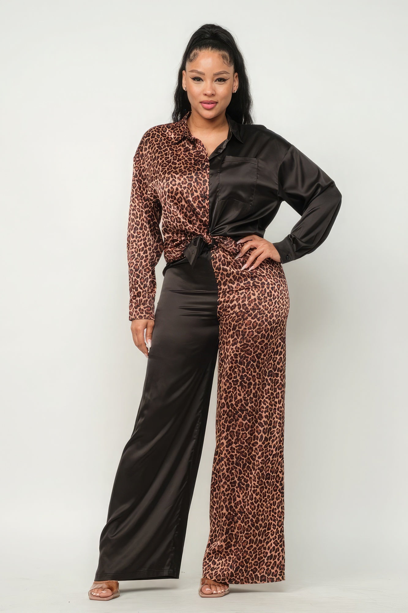 Half Animal Print And Half Solid Top And Pants Set - ShopEasier