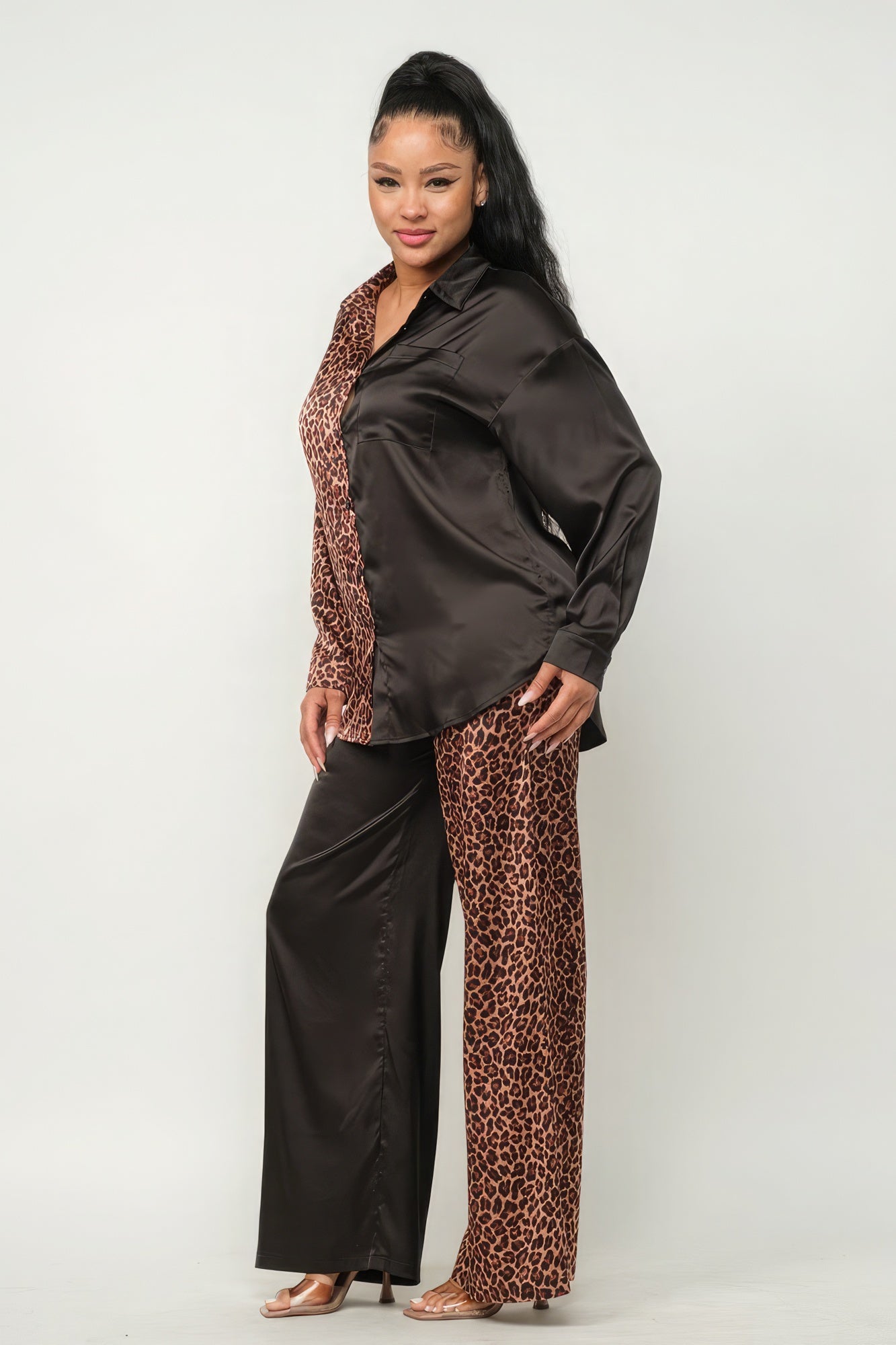 Half Animal Print And Half Solid Top And Pants Set - ShopEasier