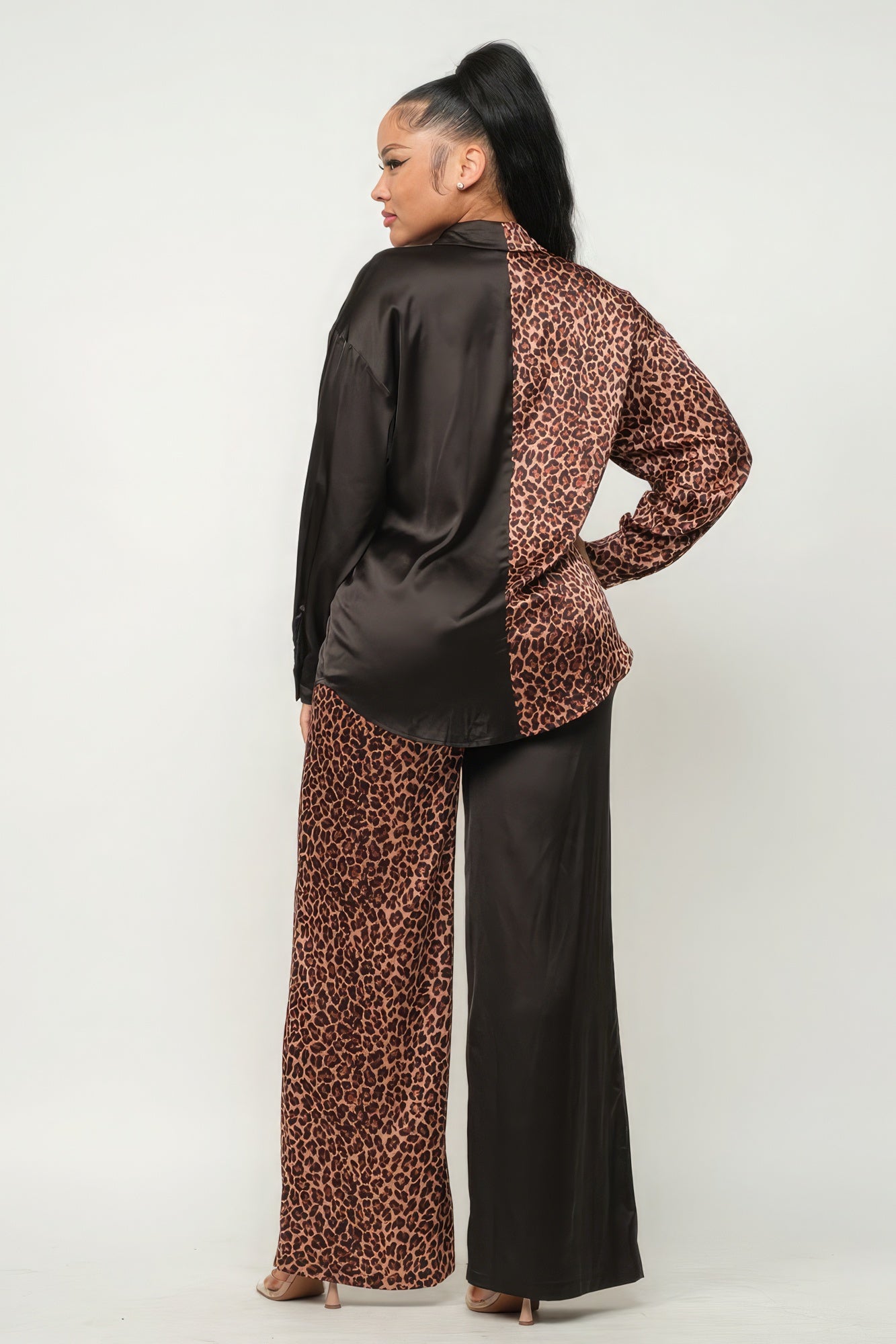 Half Animal Print And Half Solid Top And Pants Set - ShopEasier