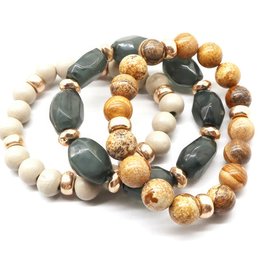 Semi Precious Stone Wood Bead Bracelet Set - ShopEasier