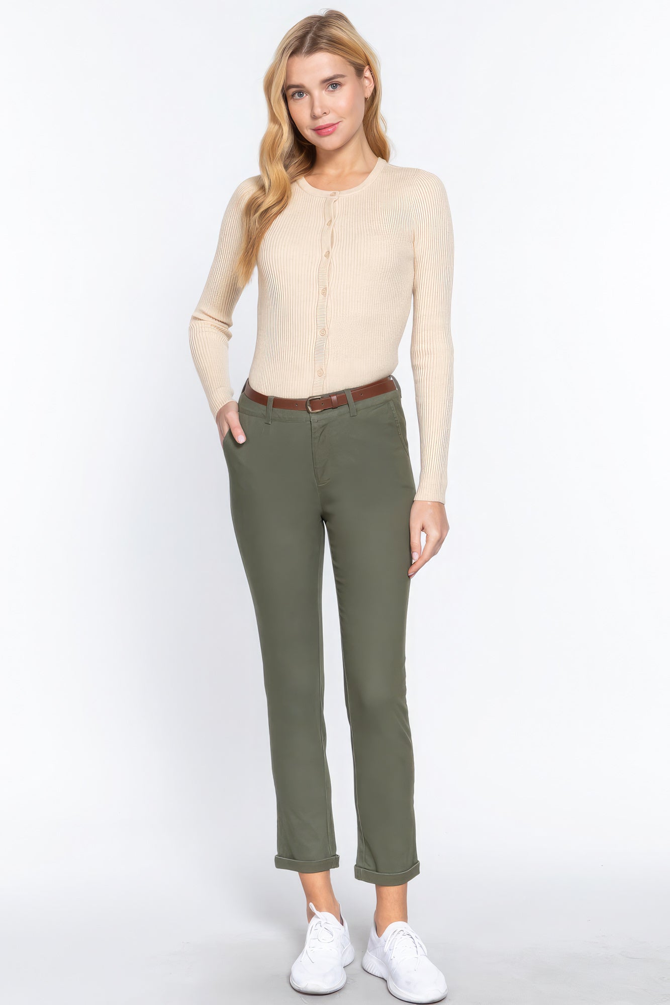 Cotton-span Twill Belted Long Pants - ShopEasier