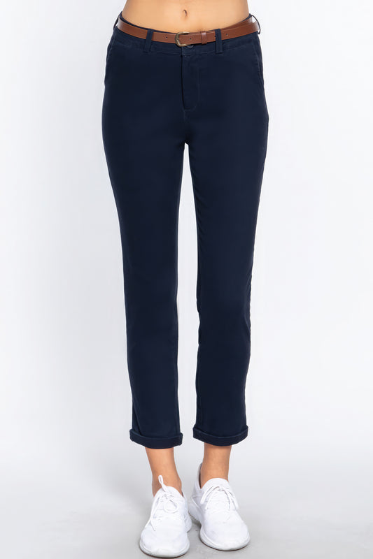 Cotton-span Twill Belted Long Pants - ShopEasier