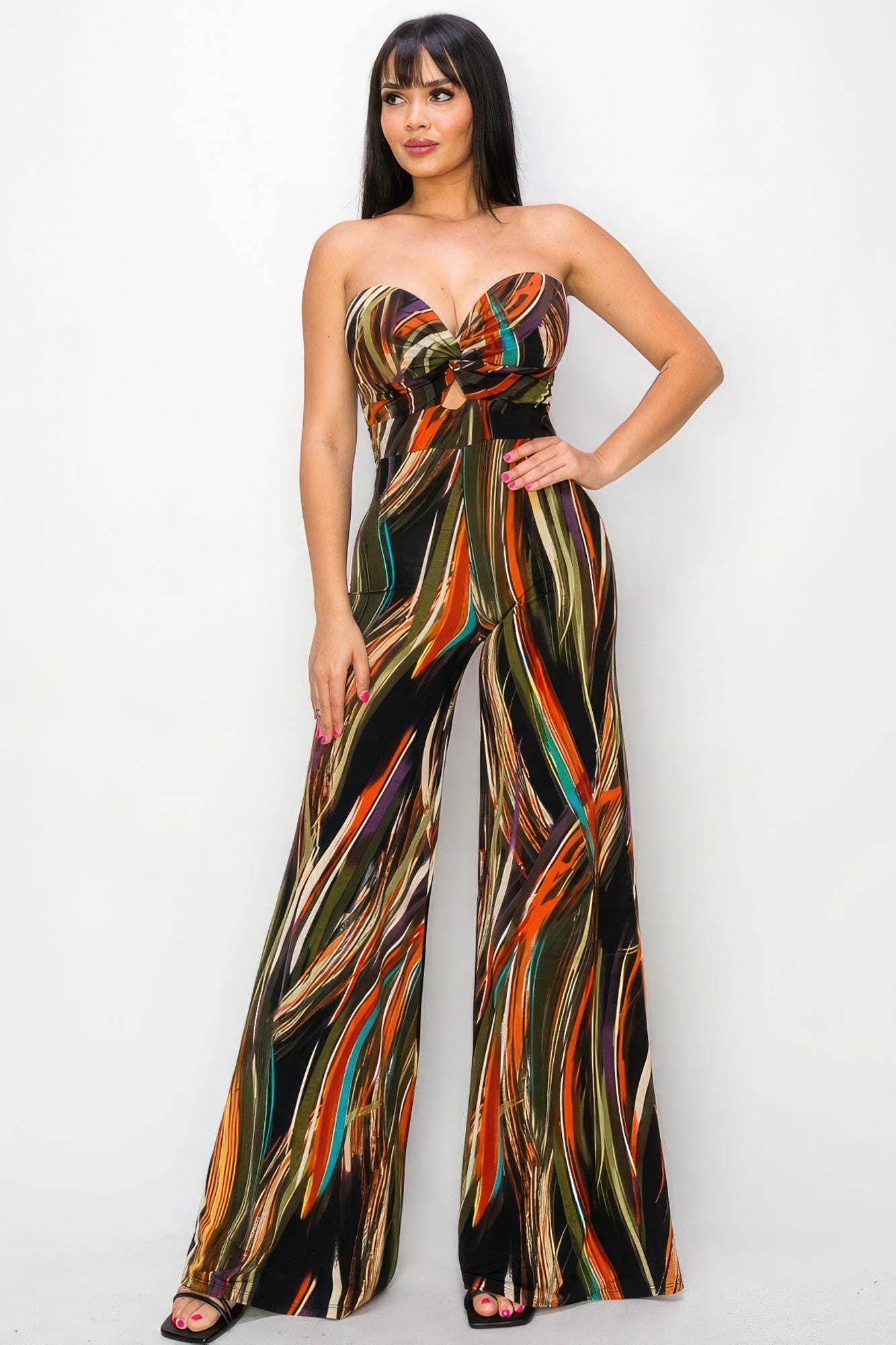 Allover Print Twist Front Wide Leg Jumpsuit - ShopEasier