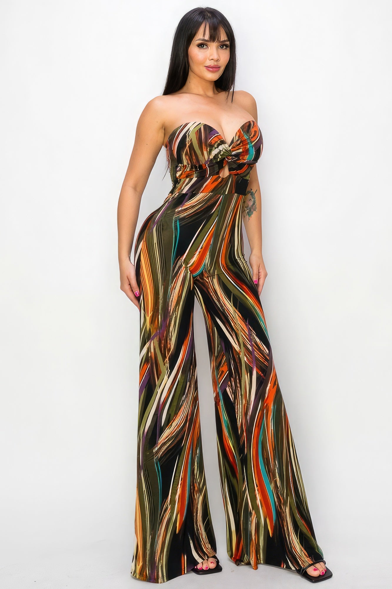 Allover Print Twist Front Wide Leg Jumpsuit - ShopEasier