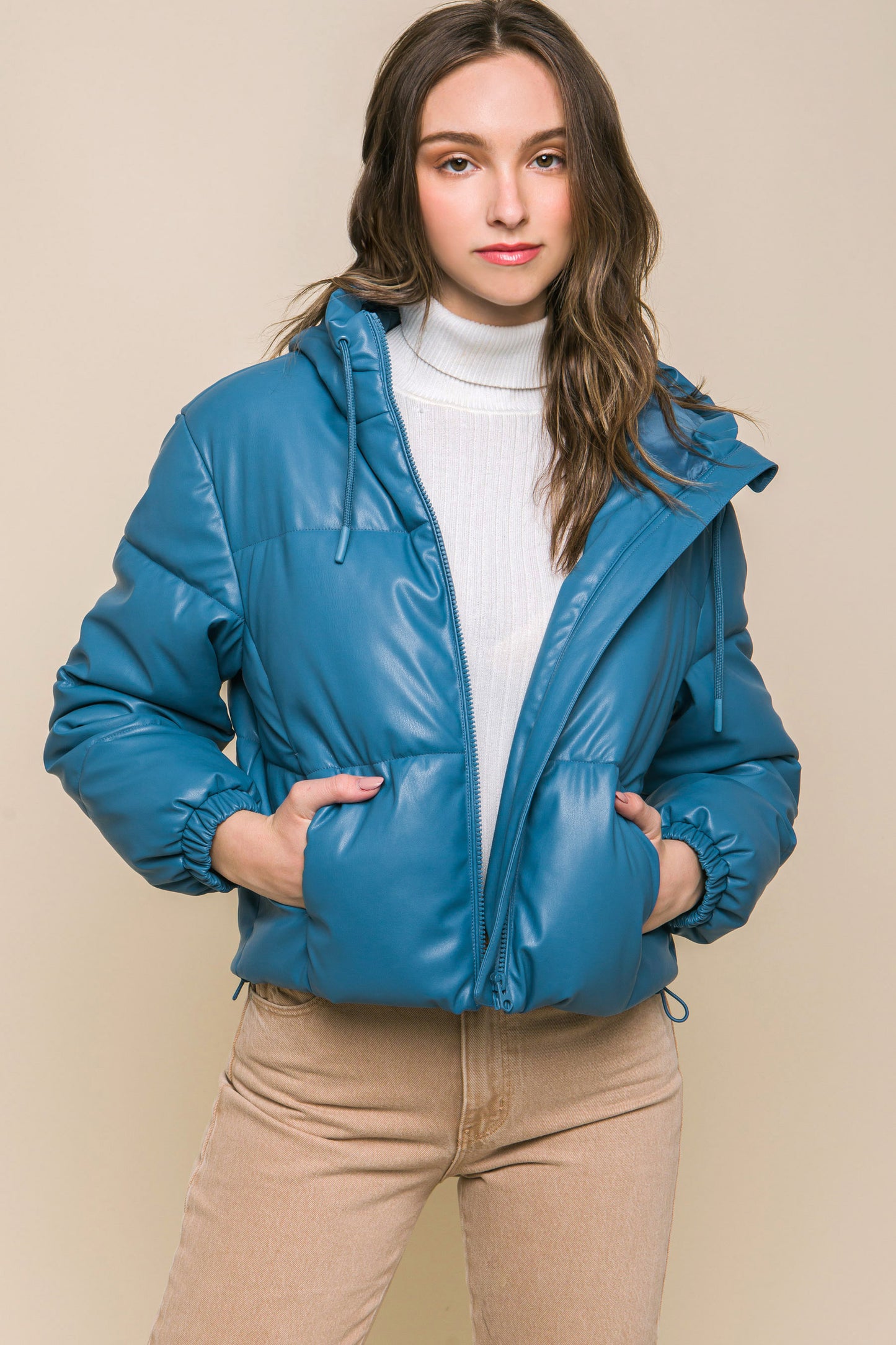 Pu Faux Leather Zipper Hooded Puffer Jacket - ShopEasier