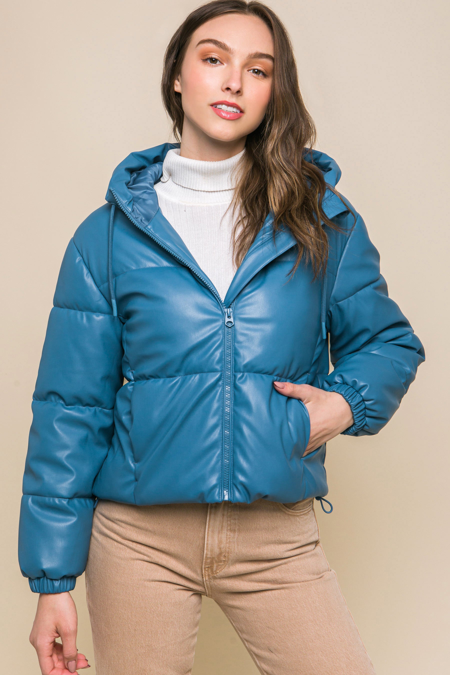 Pu Faux Leather Zipper Hooded Puffer Jacket - ShopEasier