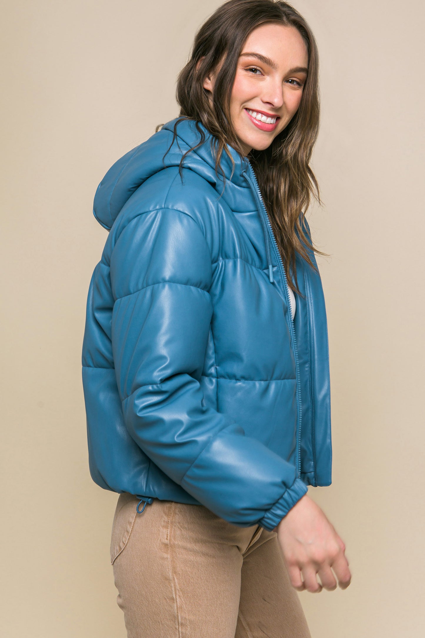 Pu Faux Leather Zipper Hooded Puffer Jacket - ShopEasier