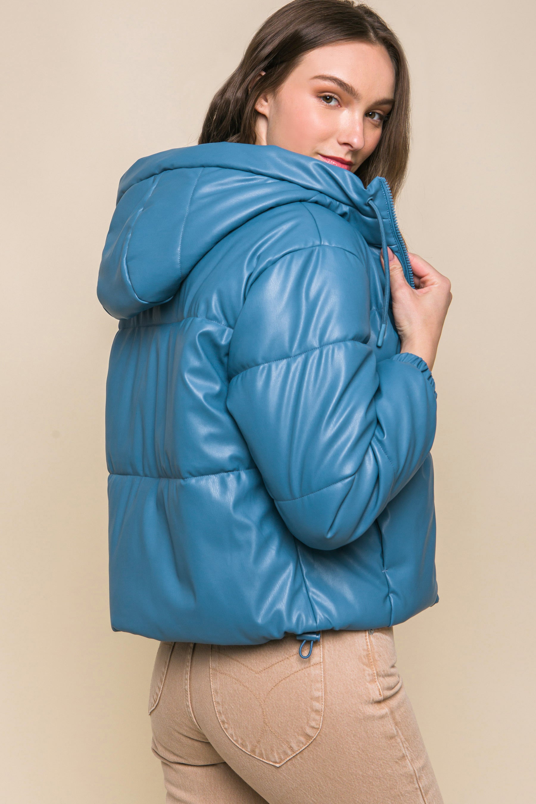 Pu Faux Leather Zipper Hooded Puffer Jacket - ShopEasier