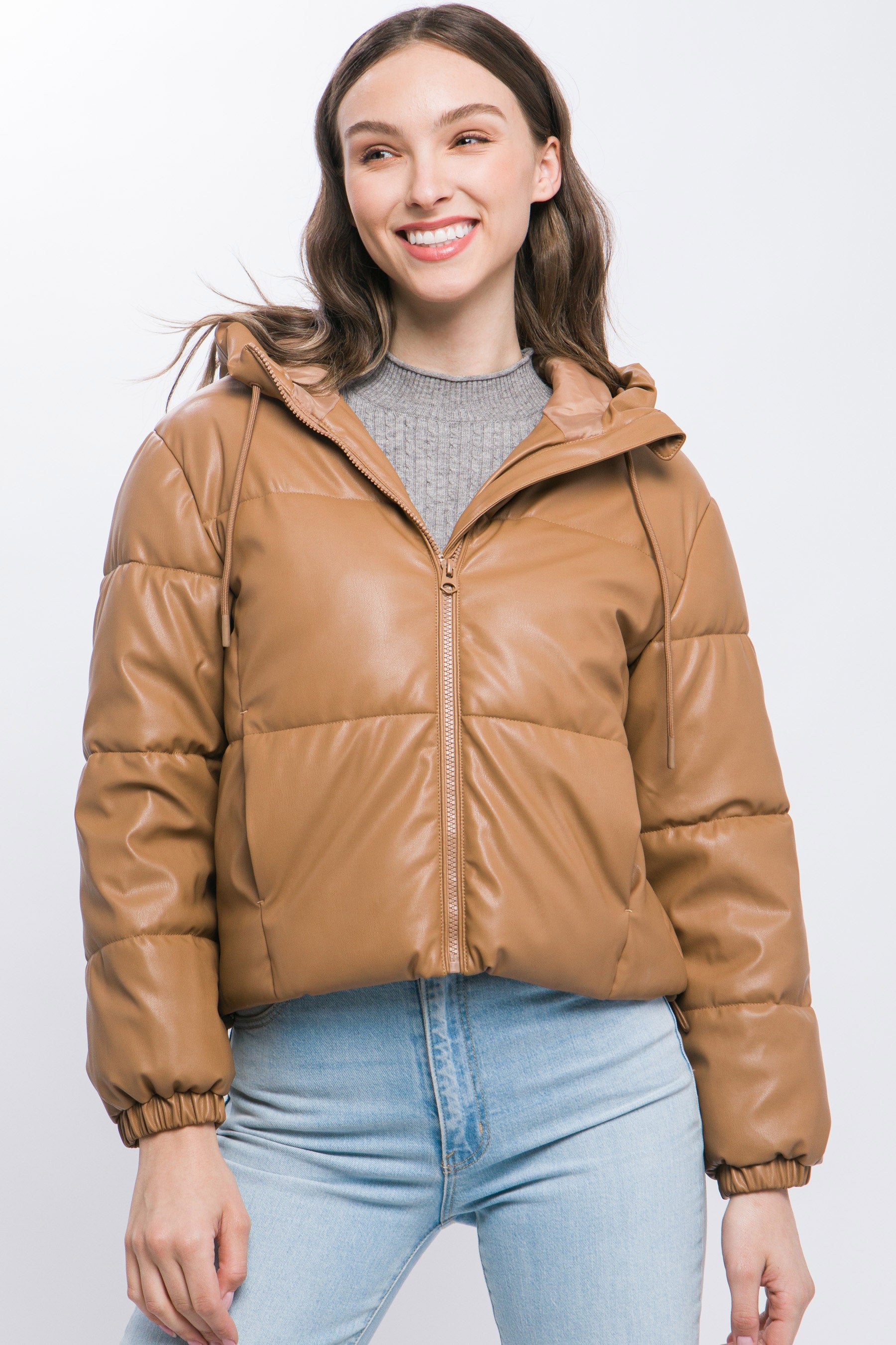 Pu Faux Leather Zipper Hooded Puffer Jacket - ShopEasier