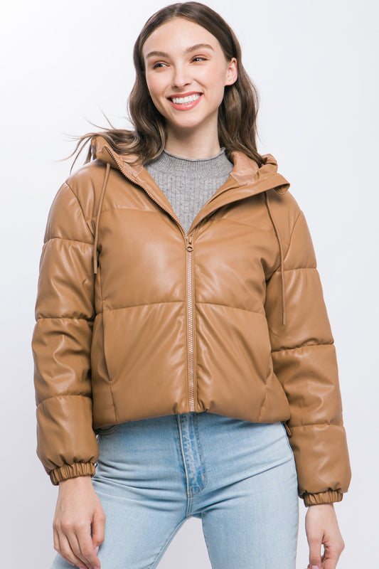 Pu Faux Leather Zipper Hooded Puffer Jacket - ShopEasier