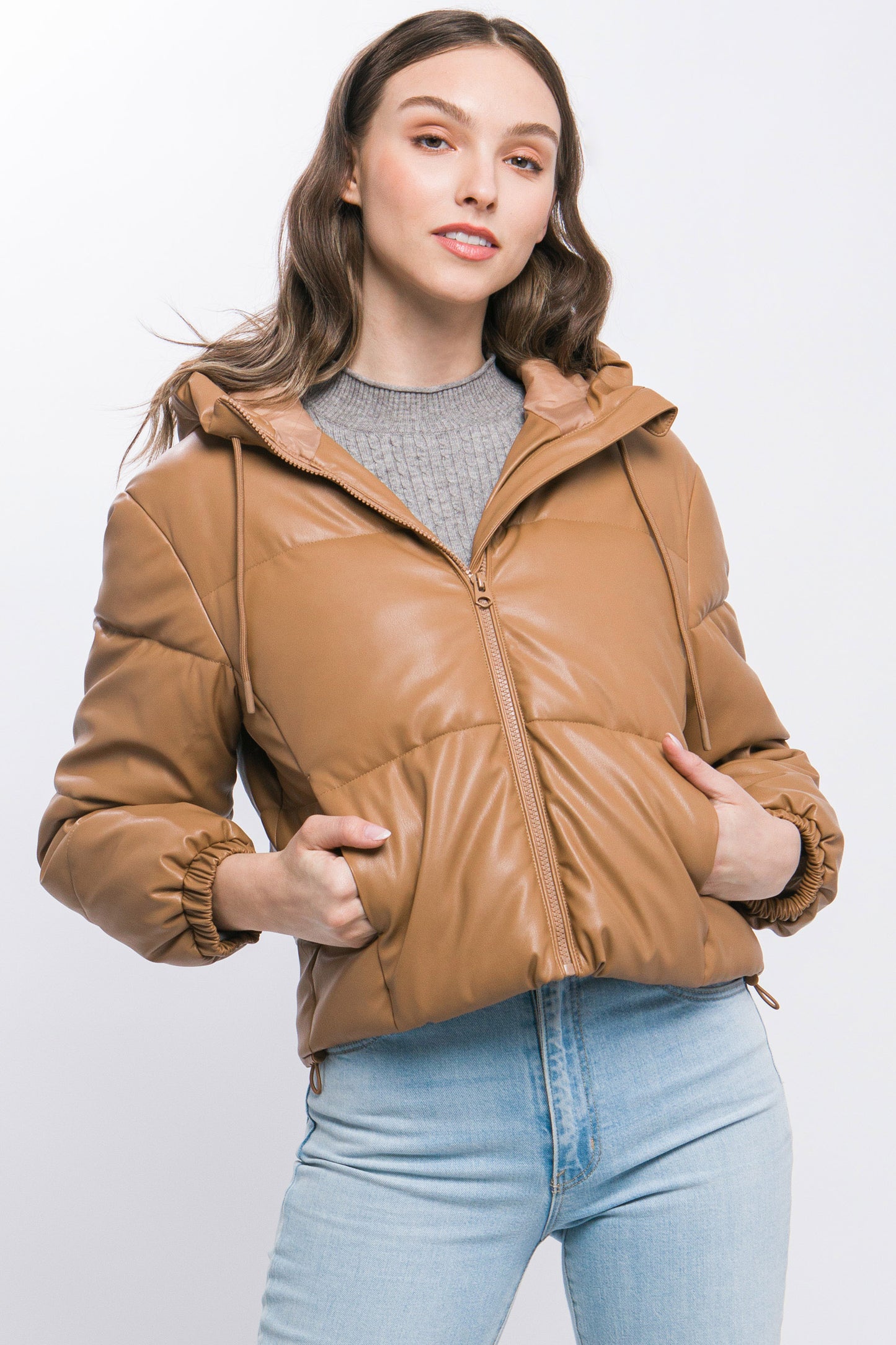 Pu Faux Leather Zipper Hooded Puffer Jacket - ShopEasier