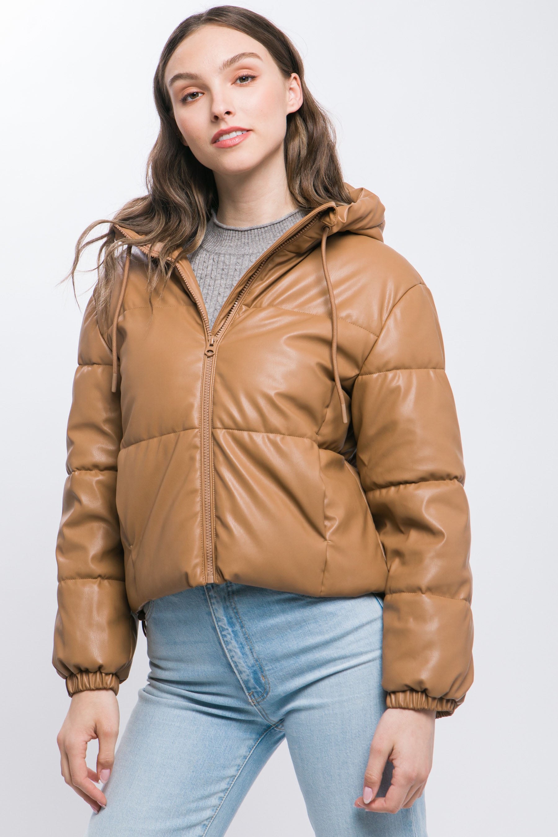 Pu Faux Leather Zipper Hooded Puffer Jacket - ShopEasier