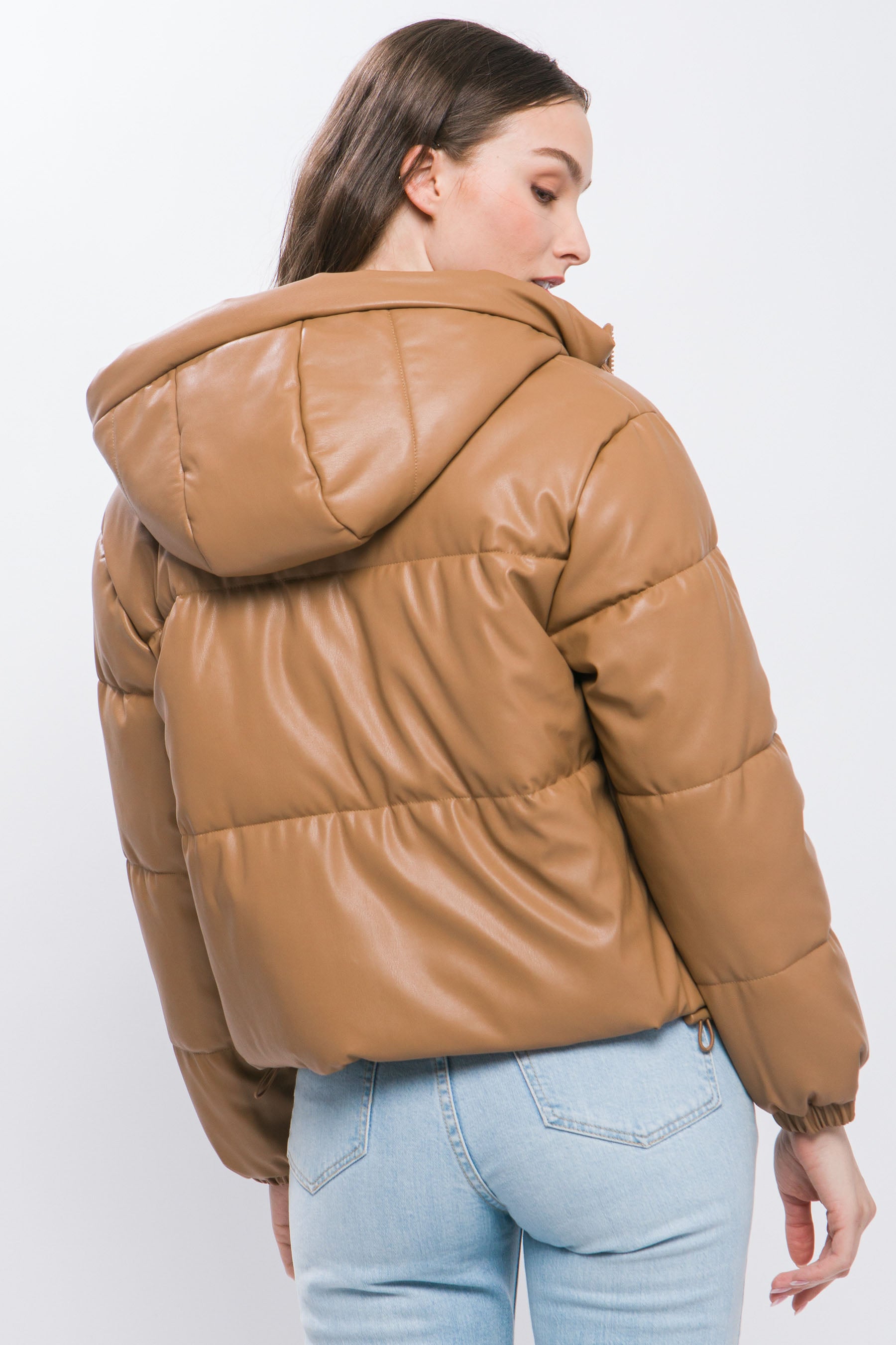 Pu Faux Leather Zipper Hooded Puffer Jacket - ShopEasier