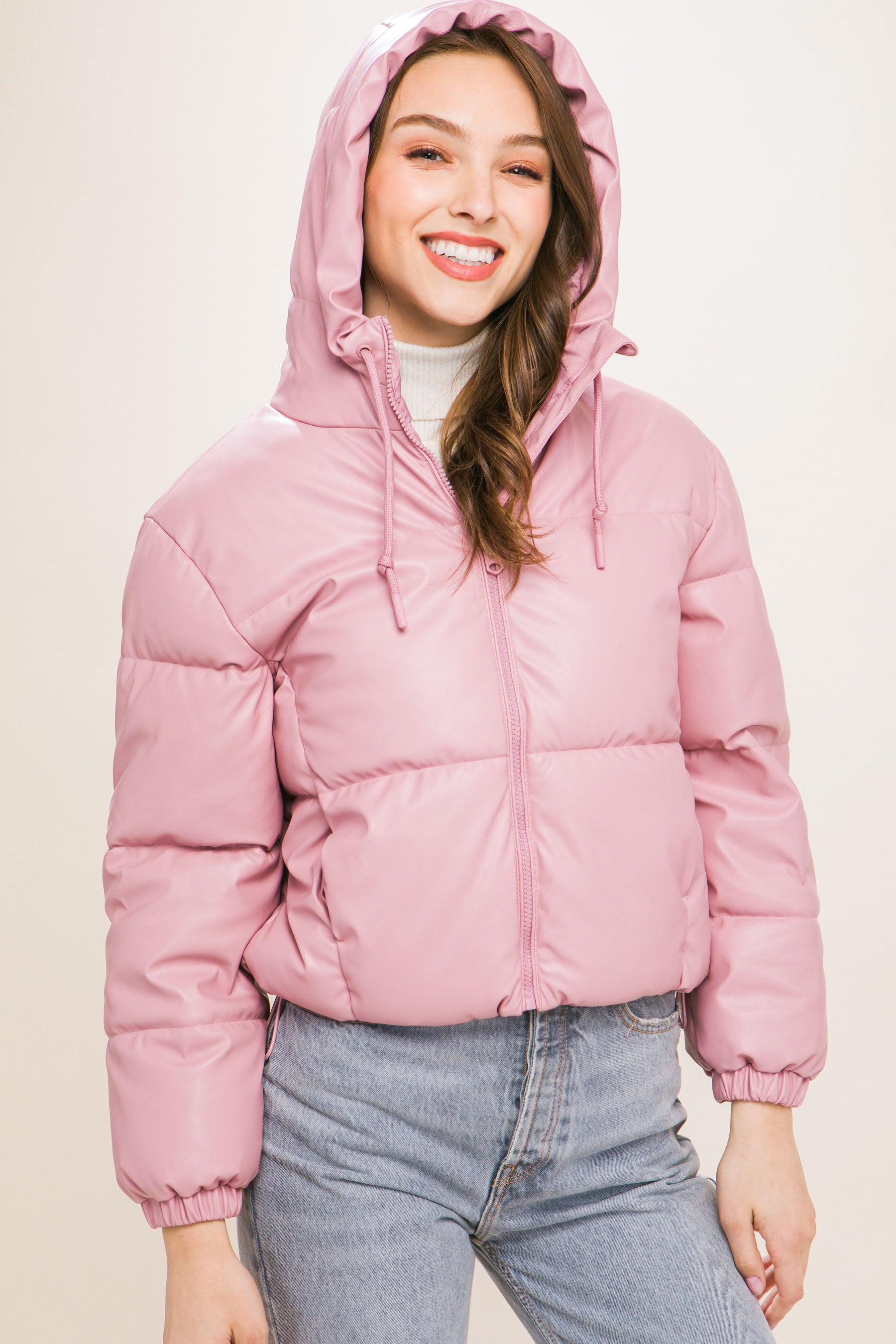 Pu Faux Leather Zipper Hooded Puffer Jacket - ShopEasier