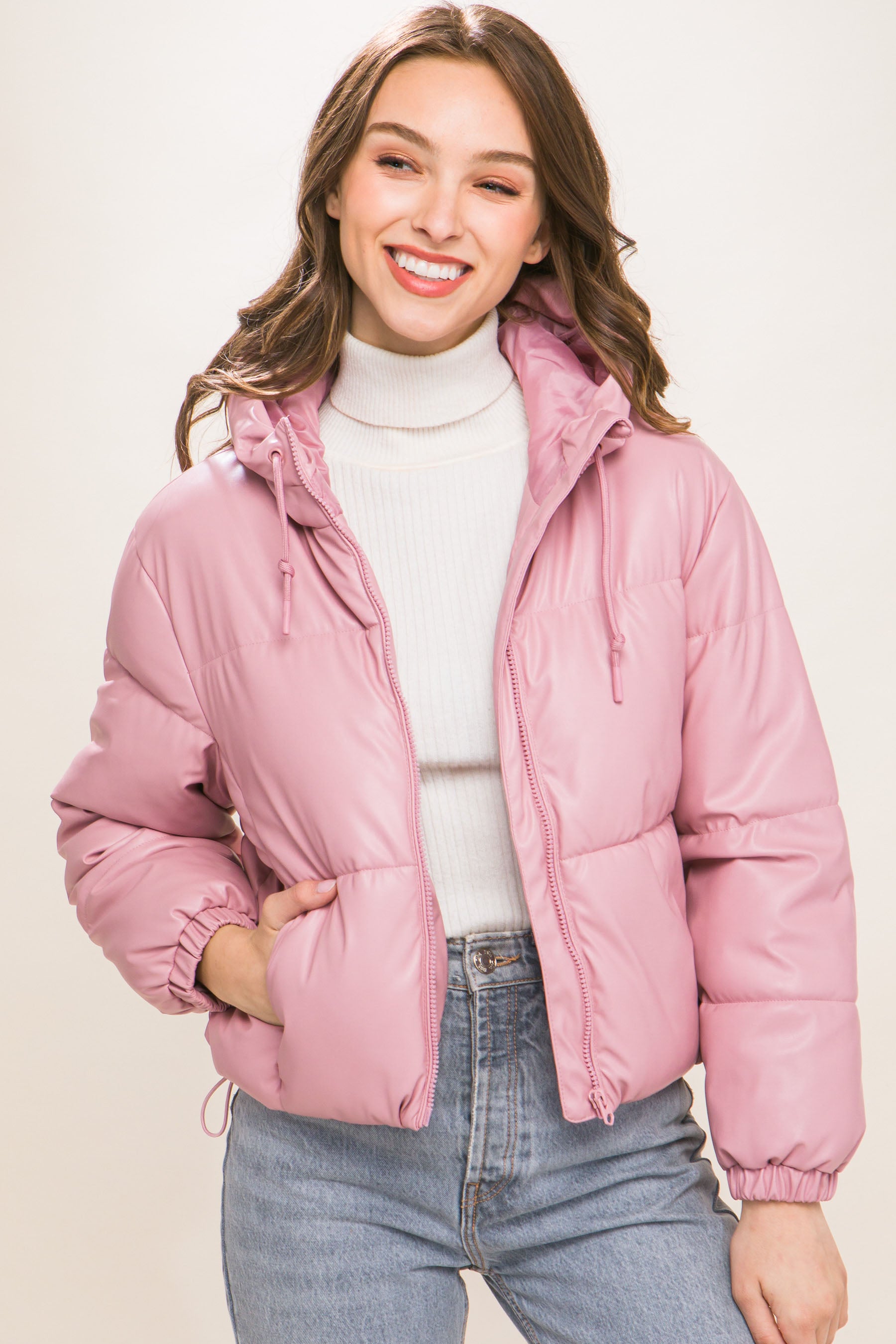 Pu Faux Leather Zipper Hooded Puffer Jacket - ShopEasier