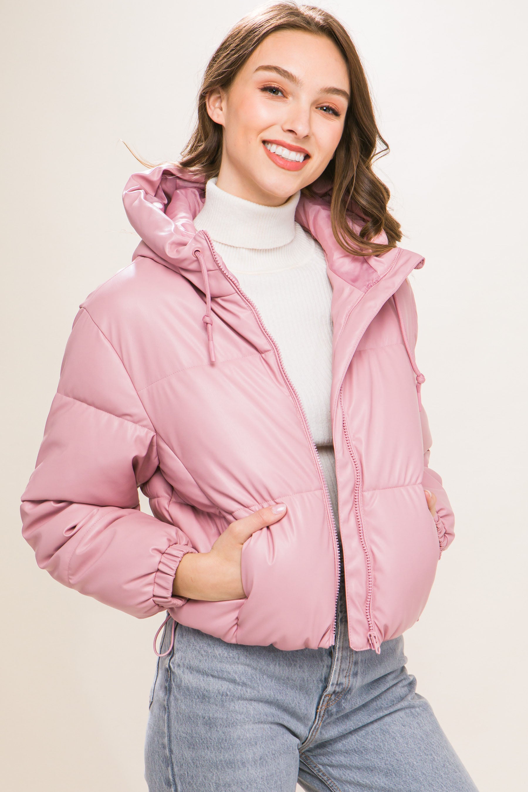 Pu Faux Leather Zipper Hooded Puffer Jacket - ShopEasier