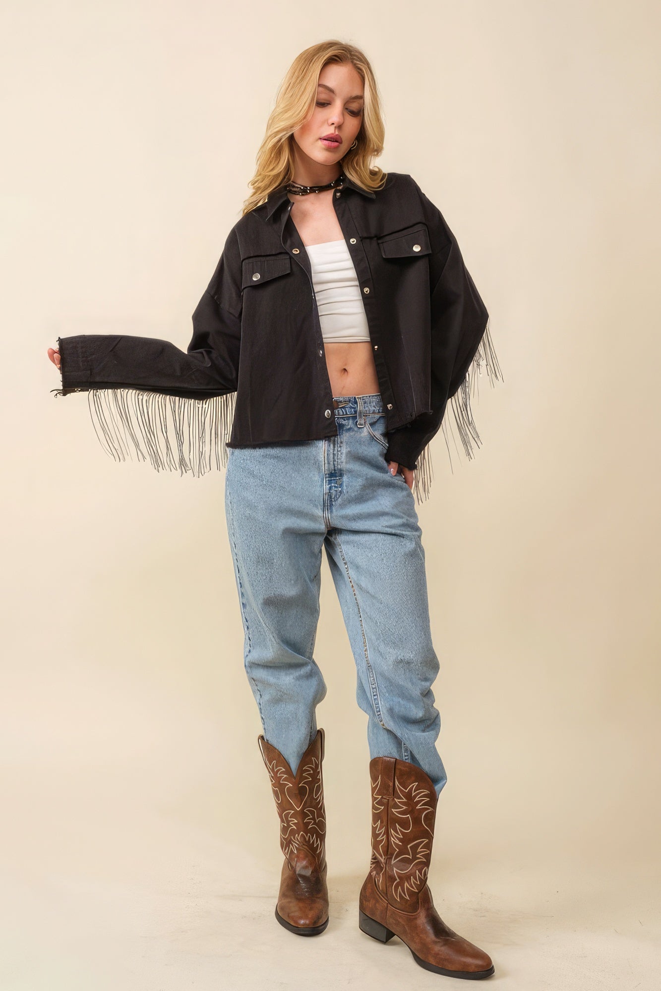 Howdy Sequin Fringe And Star Patches Jacket - ShopEasier