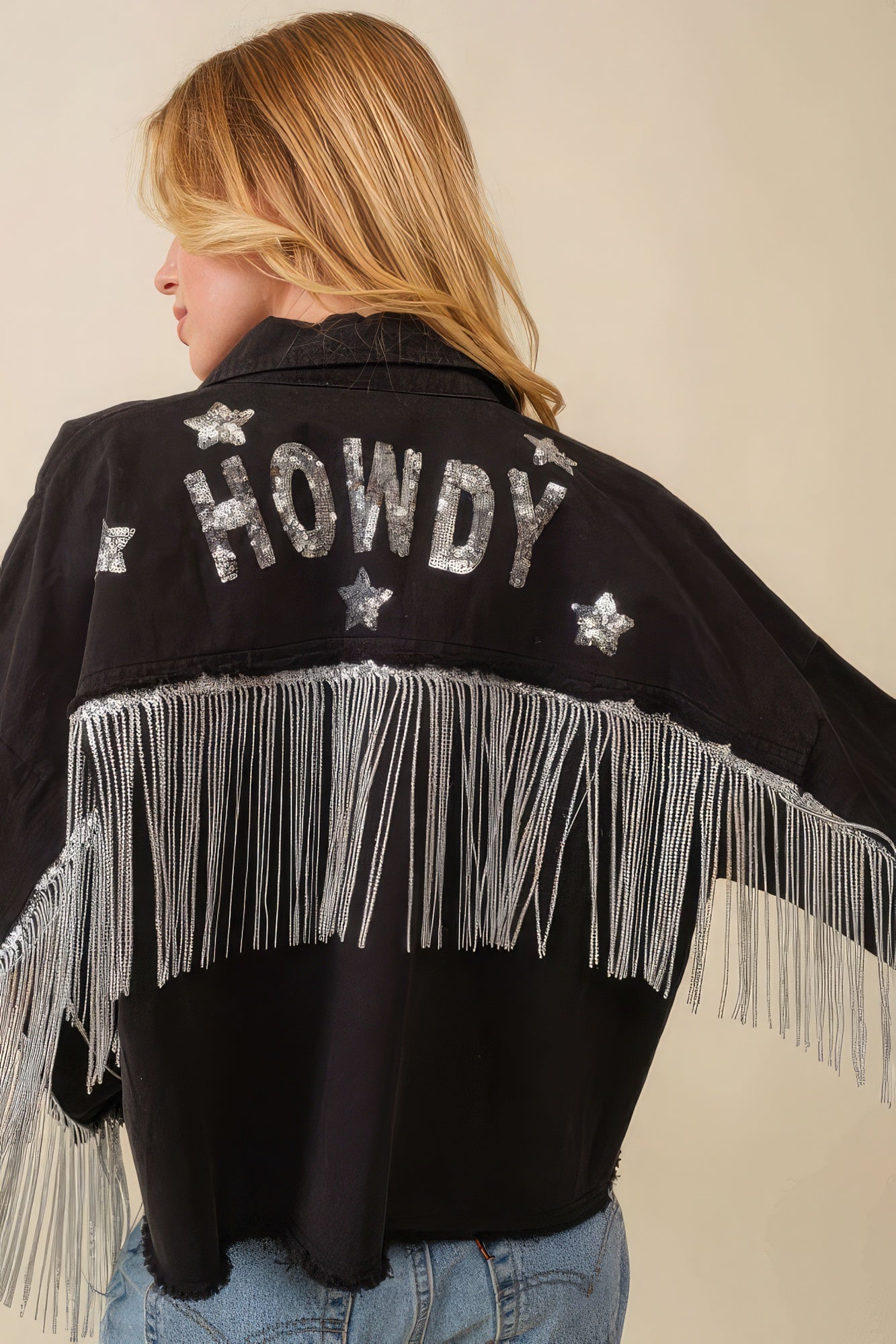 Howdy Sequin Fringe And Star Patches Jacket - ShopEasier