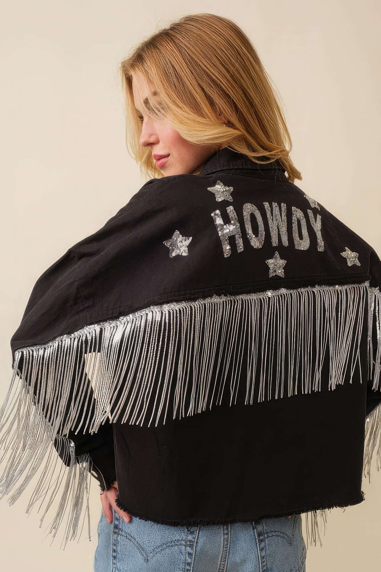 Howdy Sequin Fringe And Star Patches Jacket - ShopEasier