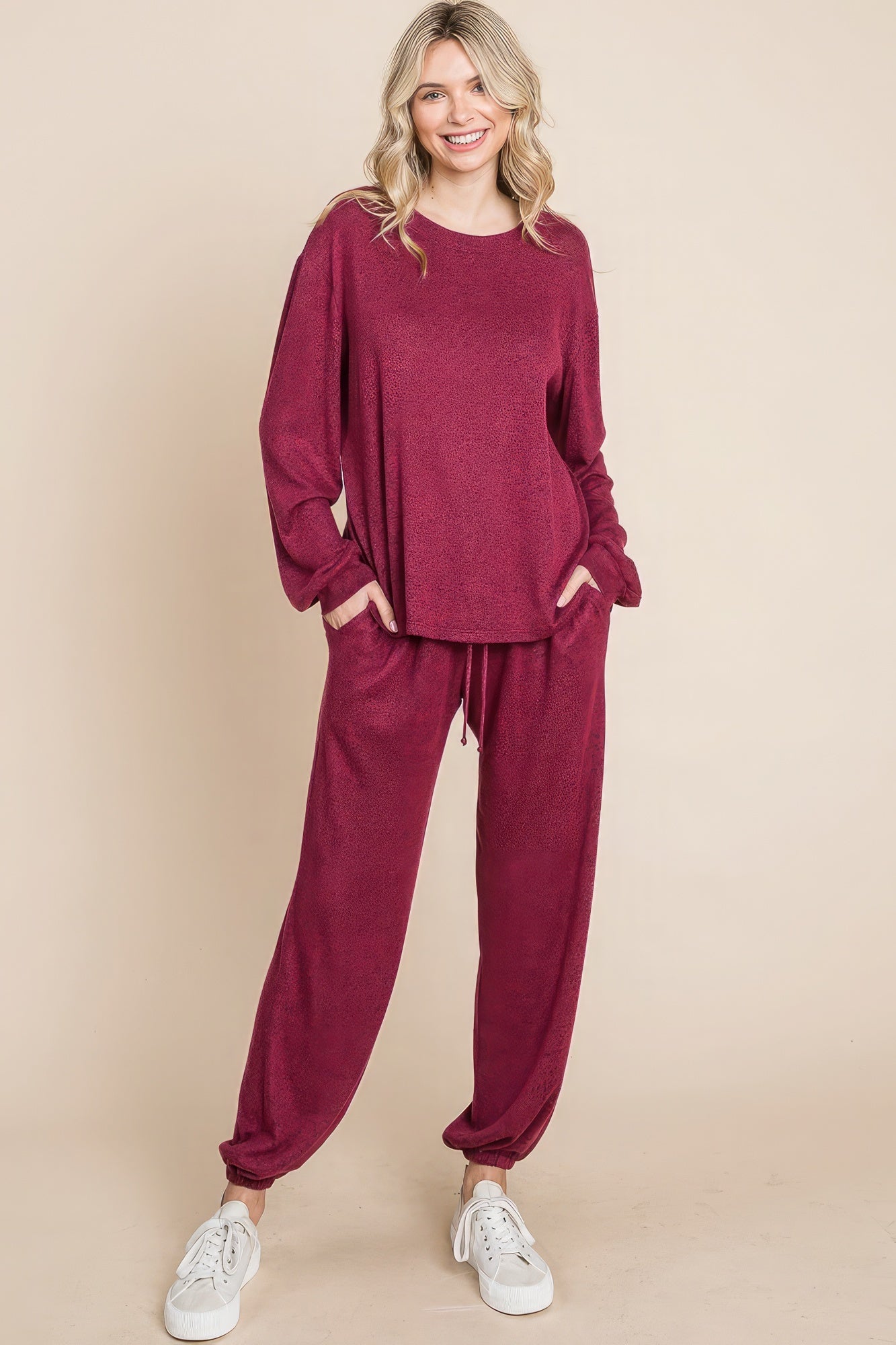 Two Tone Solid Warm And Soft Hacci Brush Loungewear Set - ShopEasier