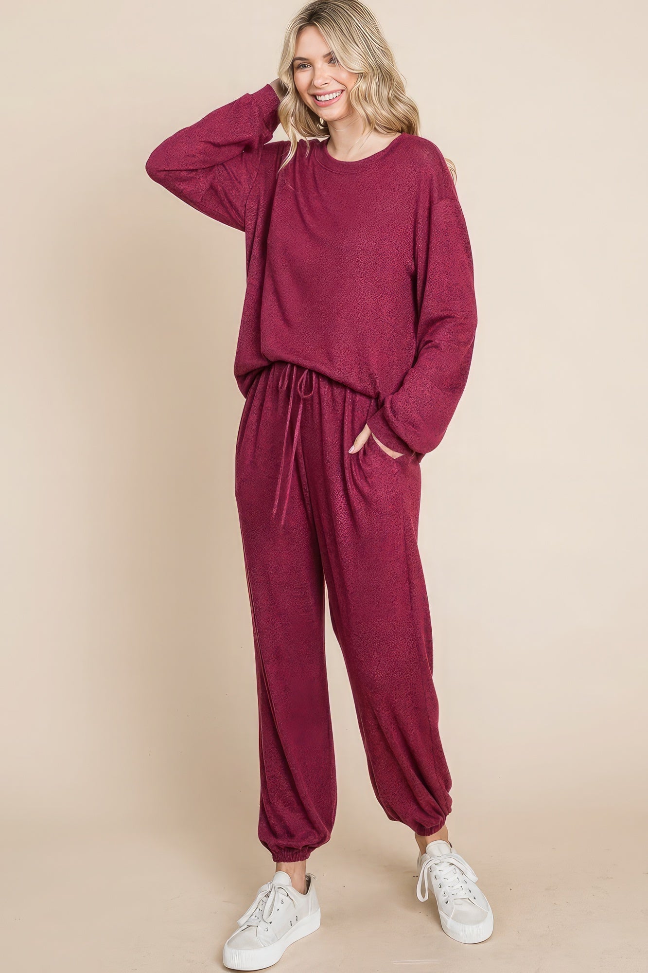 Two Tone Solid Warm And Soft Hacci Brush Loungewear Set - ShopEasier