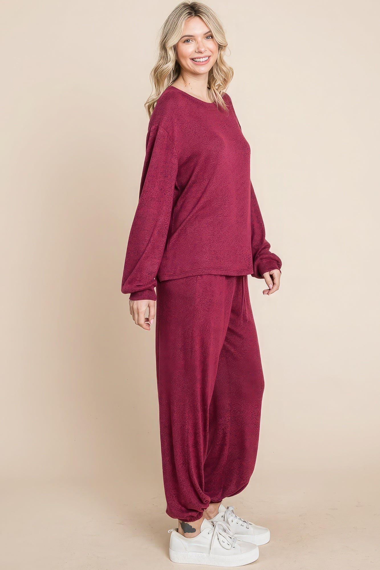 Two Tone Solid Warm And Soft Hacci Brush Loungewear Set - ShopEasier