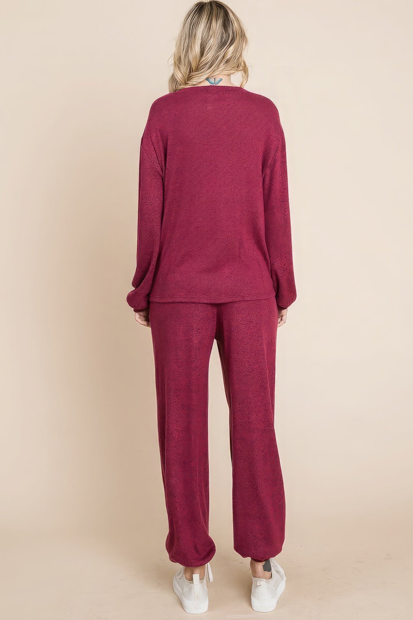 Two Tone Solid Warm And Soft Hacci Brush Loungewear Set - ShopEasier