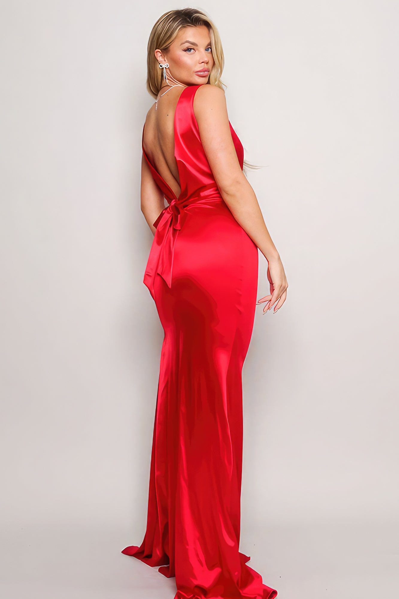 Sleeveless Deep V Low Back Bow Maxi Dress - ShopEasier