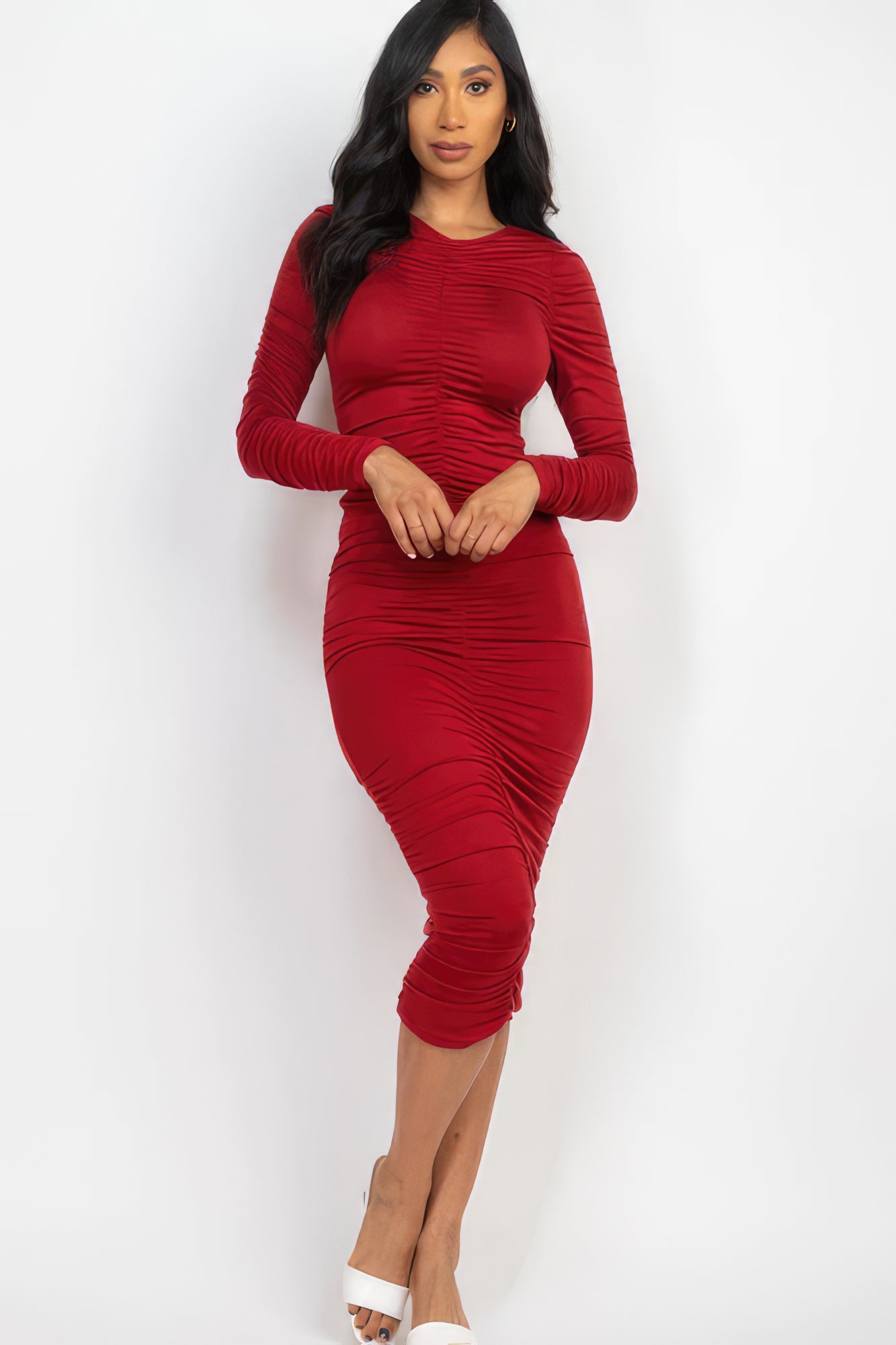 Ruched Long Sleeve Midi Dress - ShopEasier