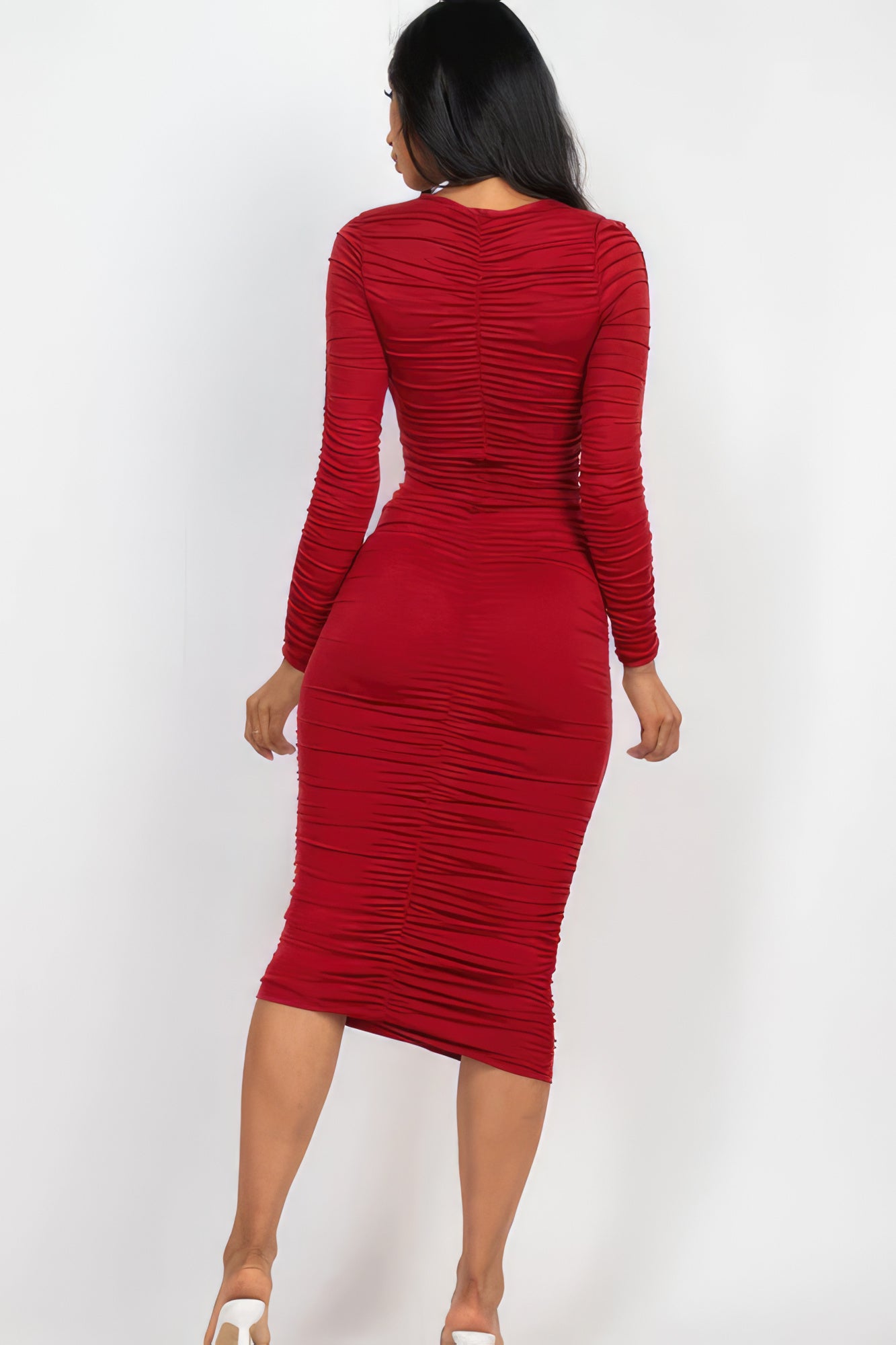 Ruched Long Sleeve Midi Dress - ShopEasier