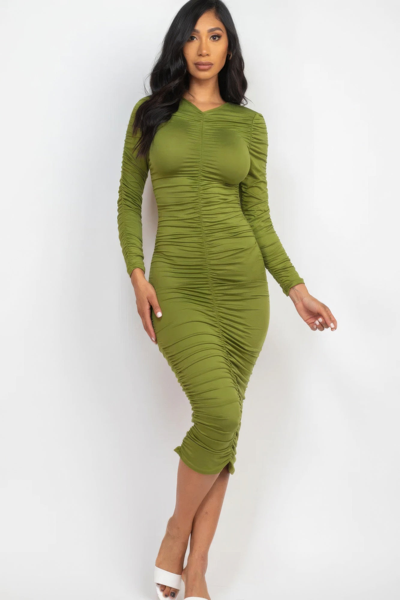 Ruched Long Sleeve Midi Dress - ShopEasier