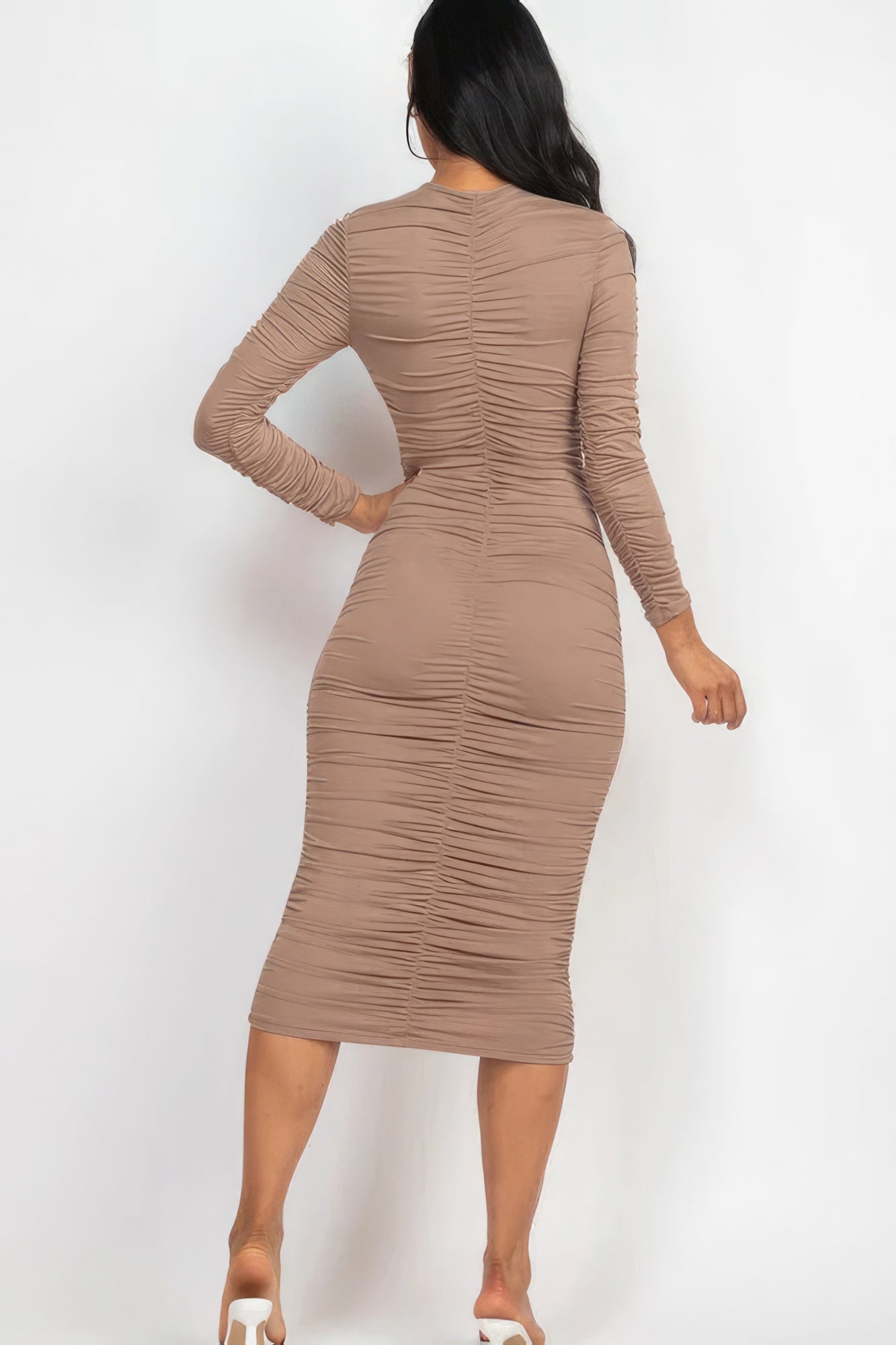 Ruched Long Sleeve Midi Dress - ShopEasier