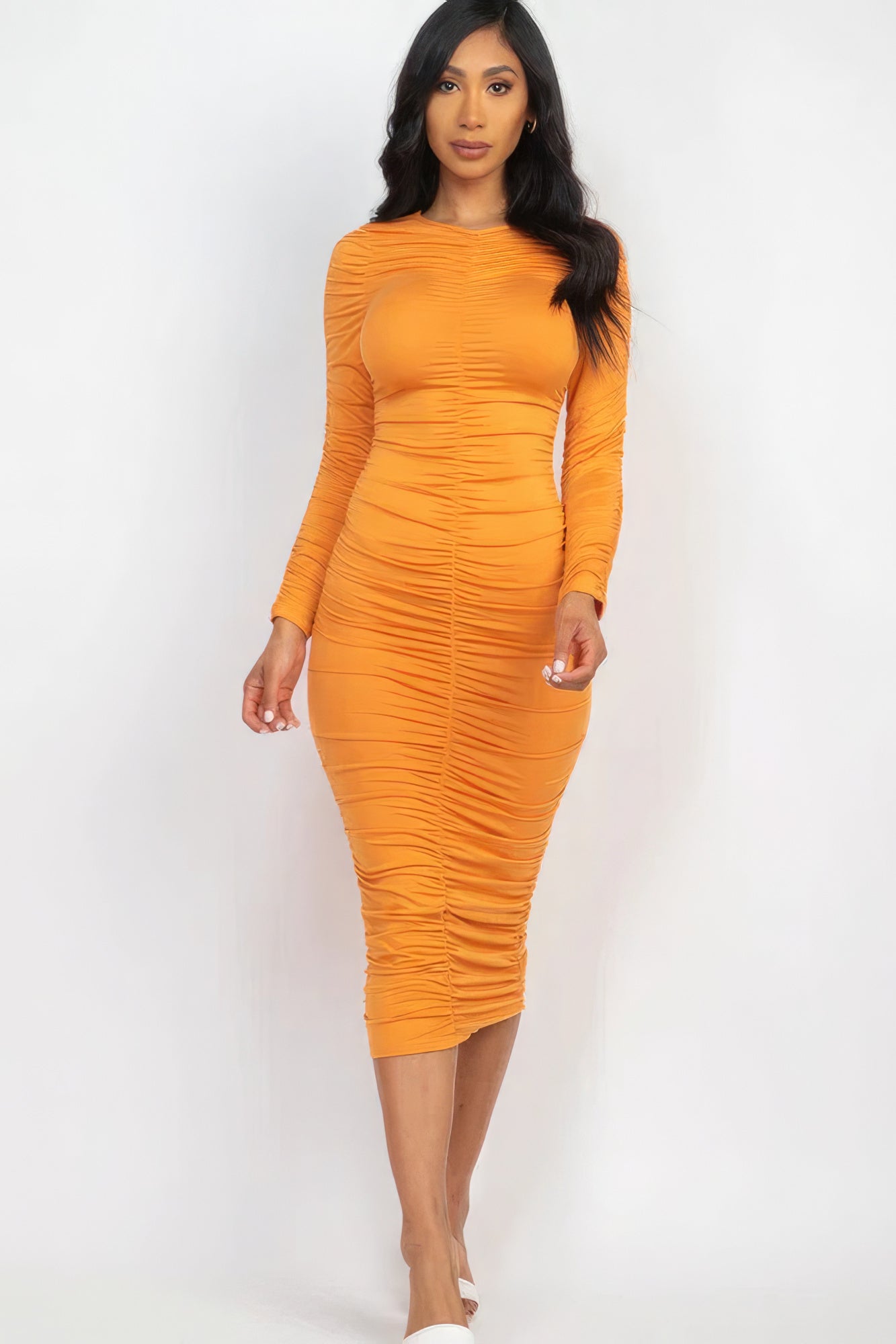 Ruched Long Sleeve Midi Dress - ShopEasier