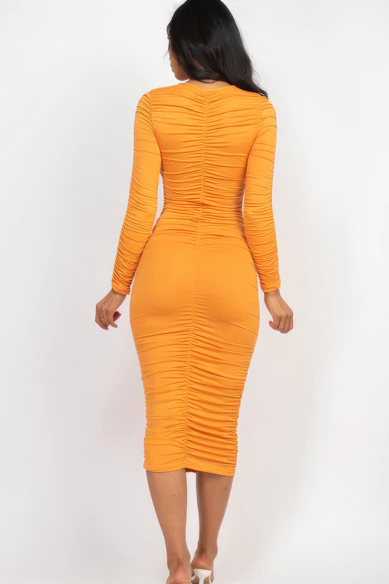 Ruched Long Sleeve Midi Dress - ShopEasier