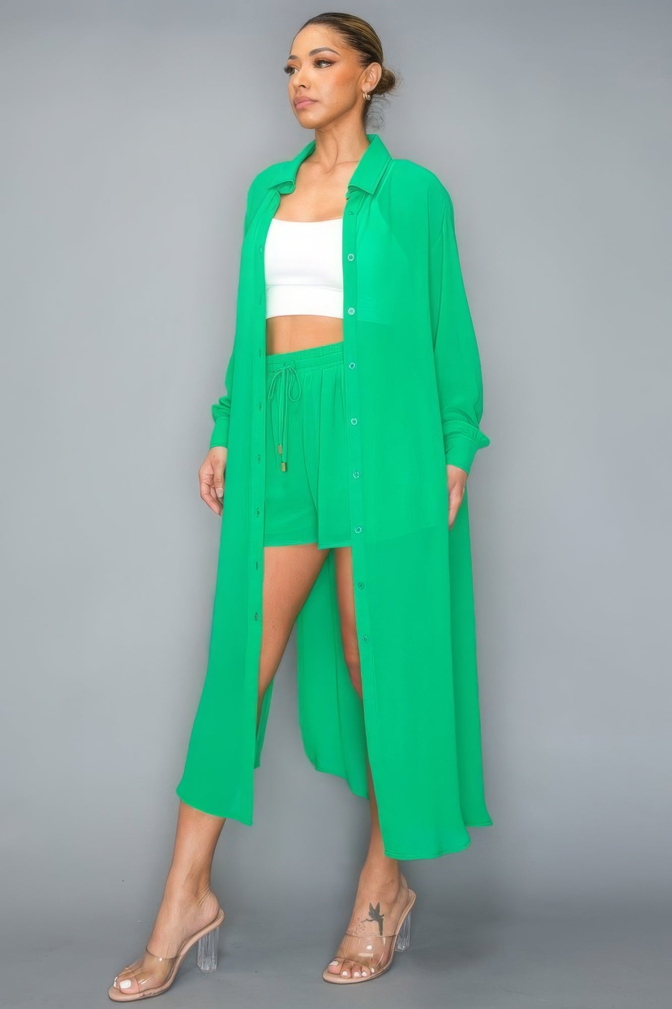 Chiffon Button Down Long Sleeve Side Slit Long Top With Short Set - ShopEasier