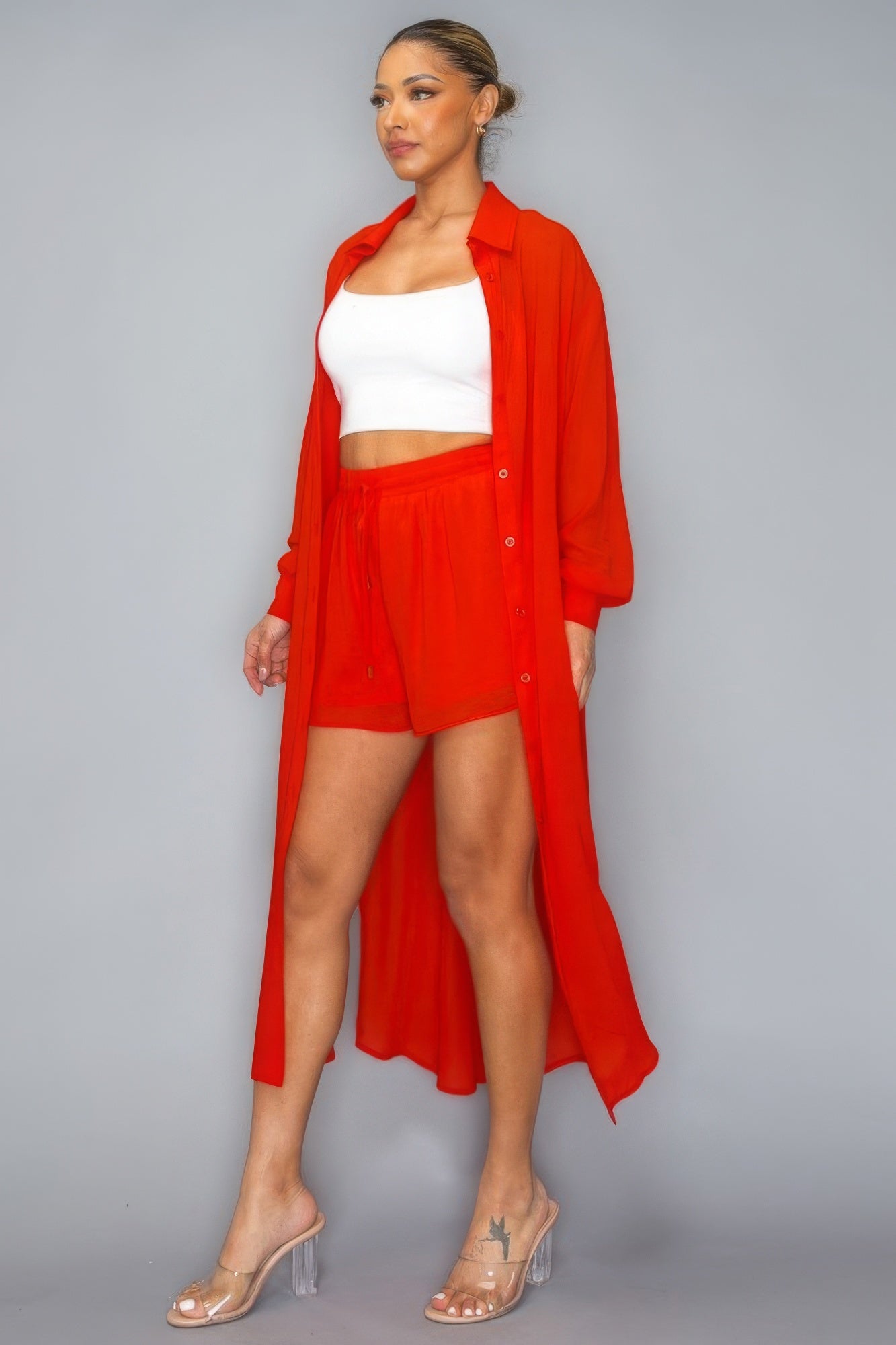 Chiffon Button Down Long Sleeve Side Slit Long Top With Short Set - ShopEasier