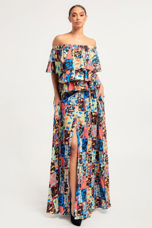 Printed Ruffle Top And Pleated Skirt Set - ShopEasier