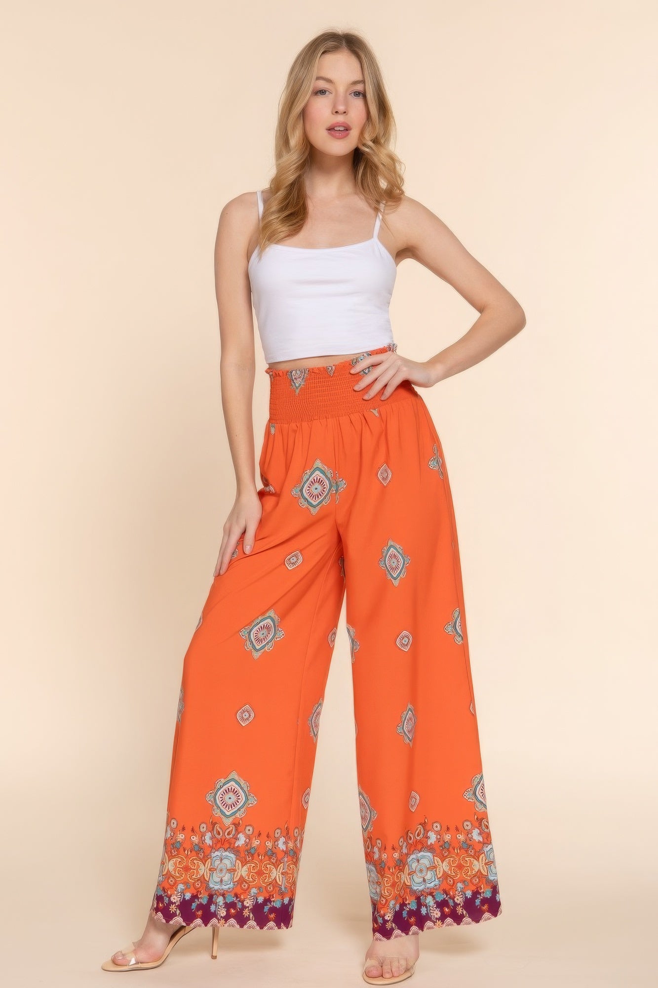 Wide Leg Border Print Woven Pants - ShopEasier