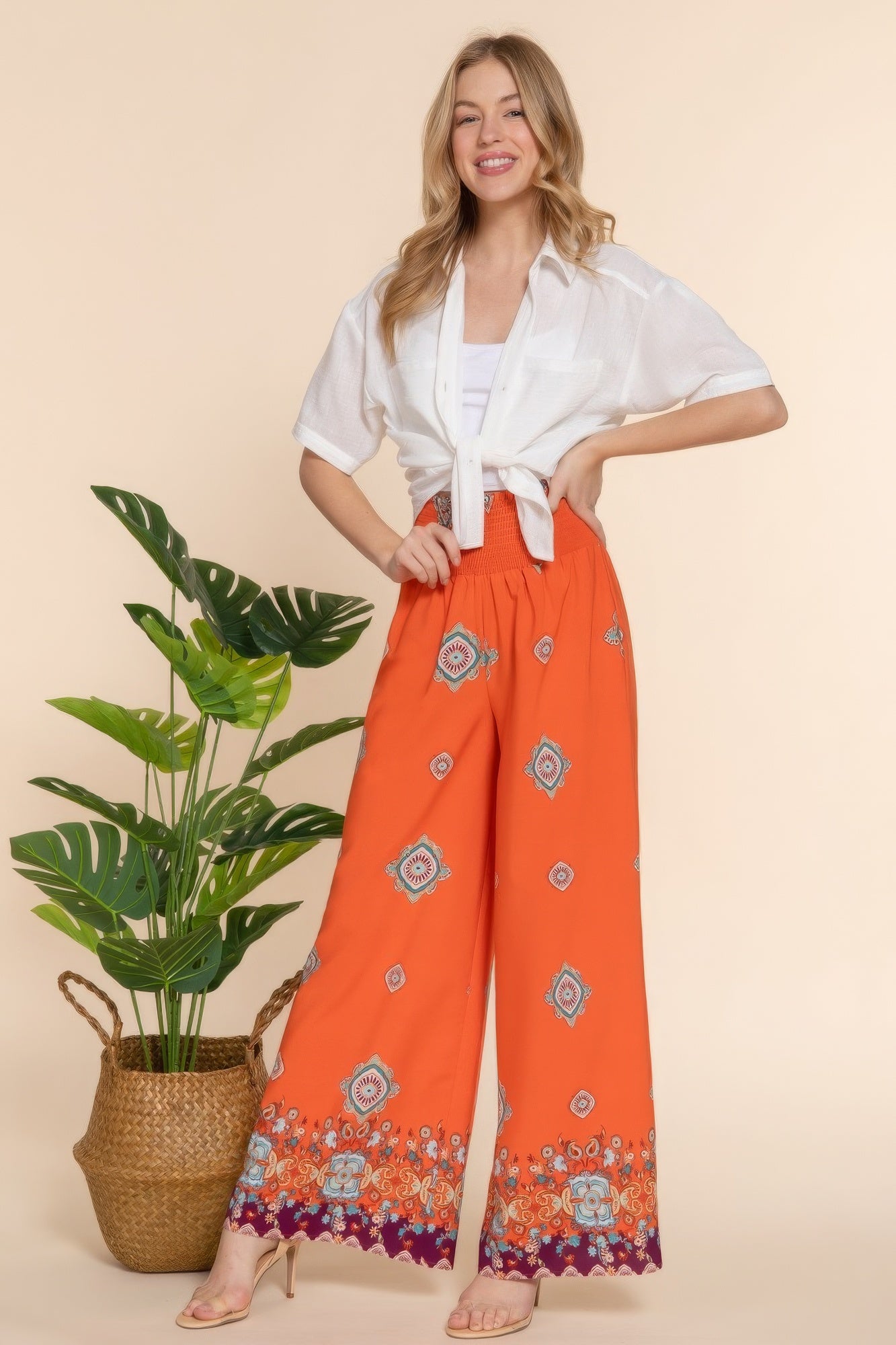 Wide Leg Border Print Woven Pants - ShopEasier