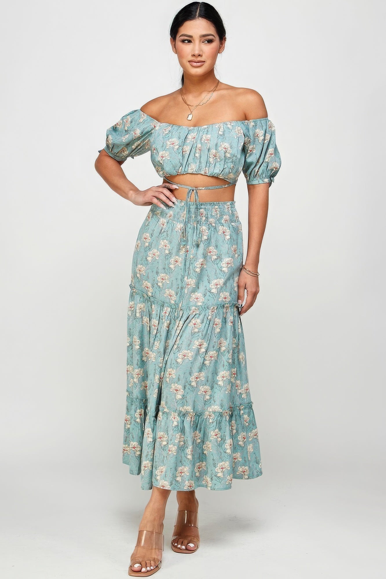 Floral Off Shoulder Sleeve Back Tie Top Skirt Set - ShopEasier