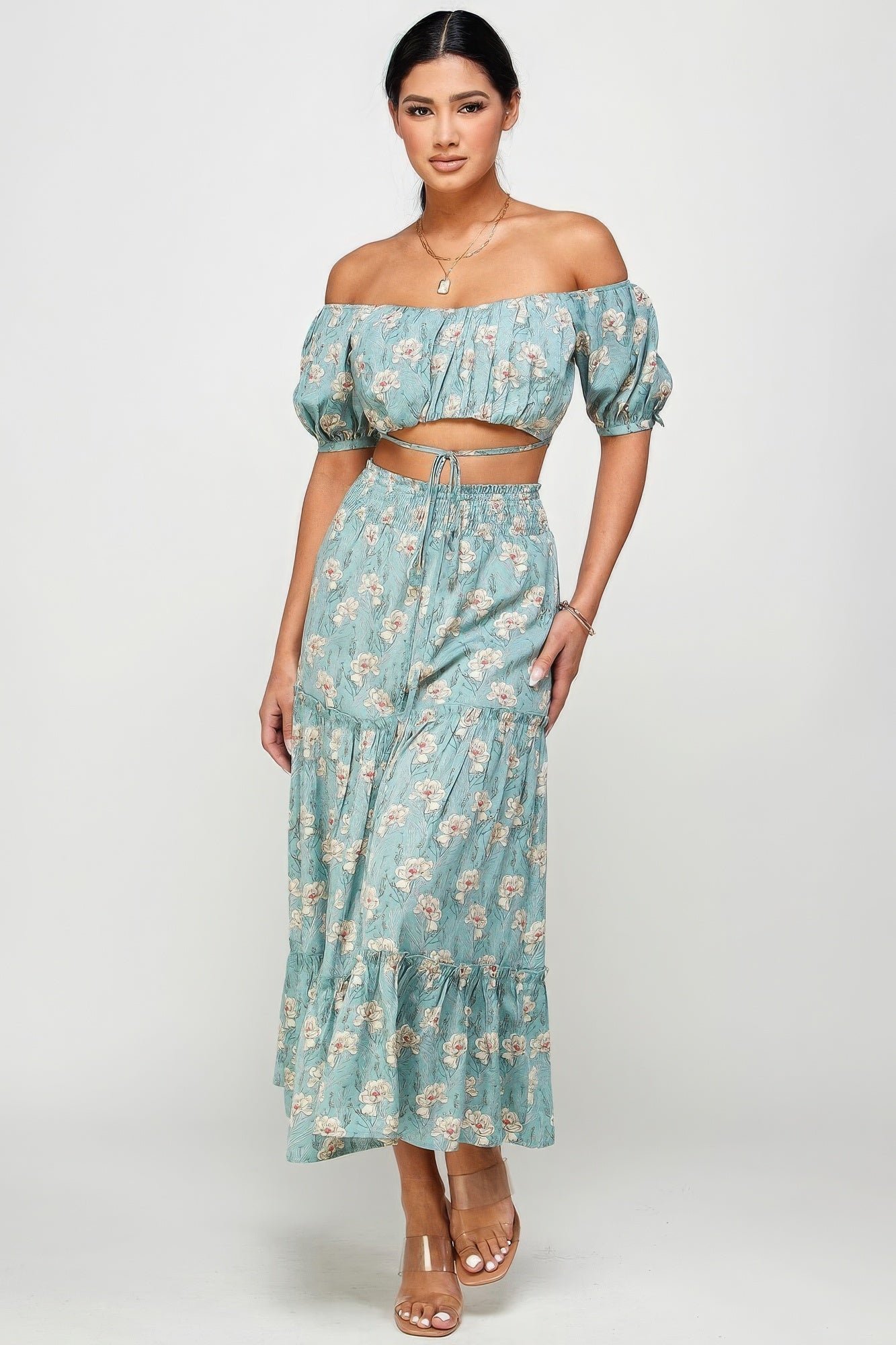 Floral Off Shoulder Sleeve Back Tie Top Skirt Set - ShopEasier