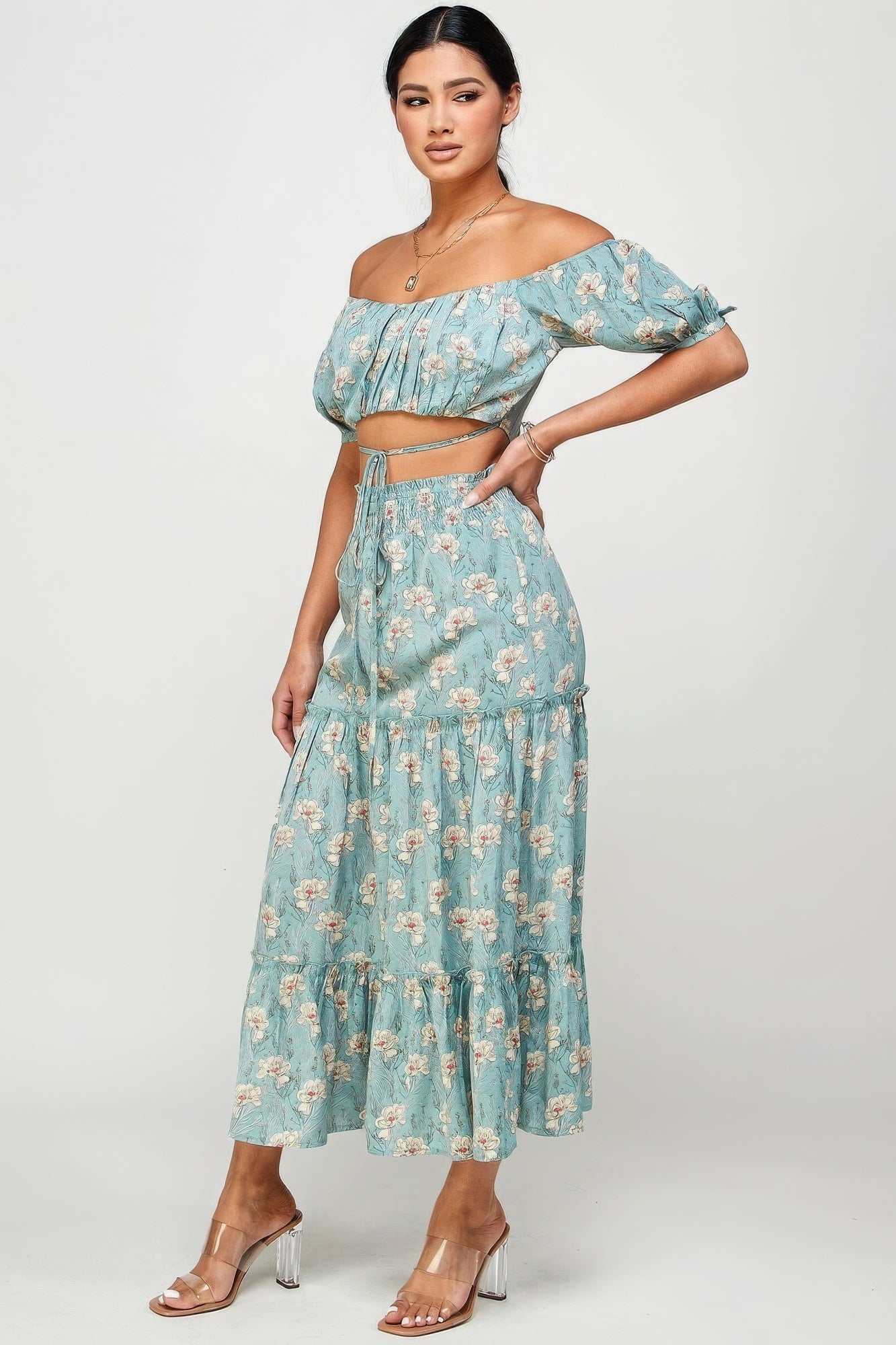 Floral Off Shoulder Sleeve Back Tie Top Skirt Set - ShopEasier