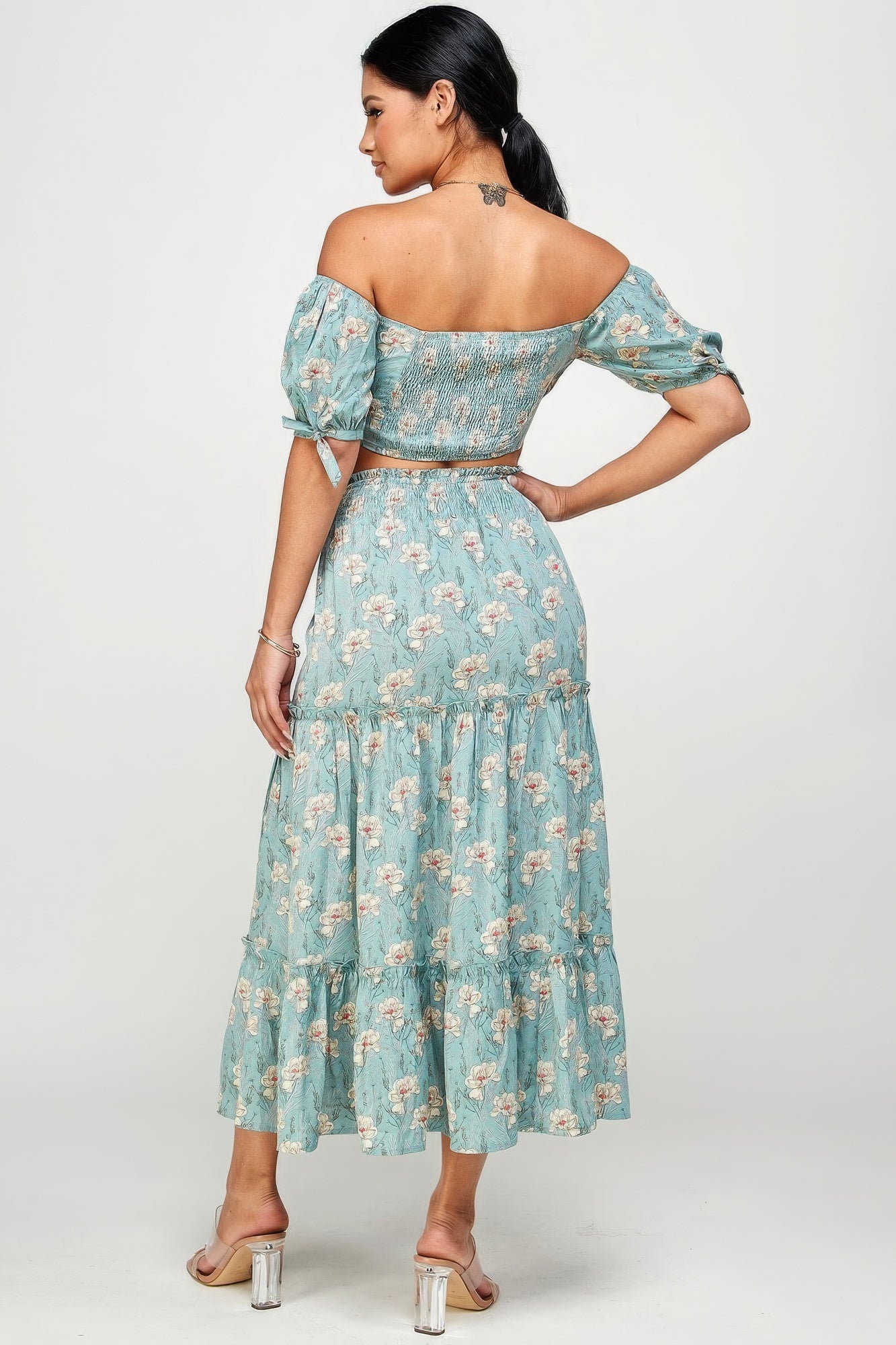 Floral Off Shoulder Sleeve Back Tie Top Skirt Set - ShopEasier