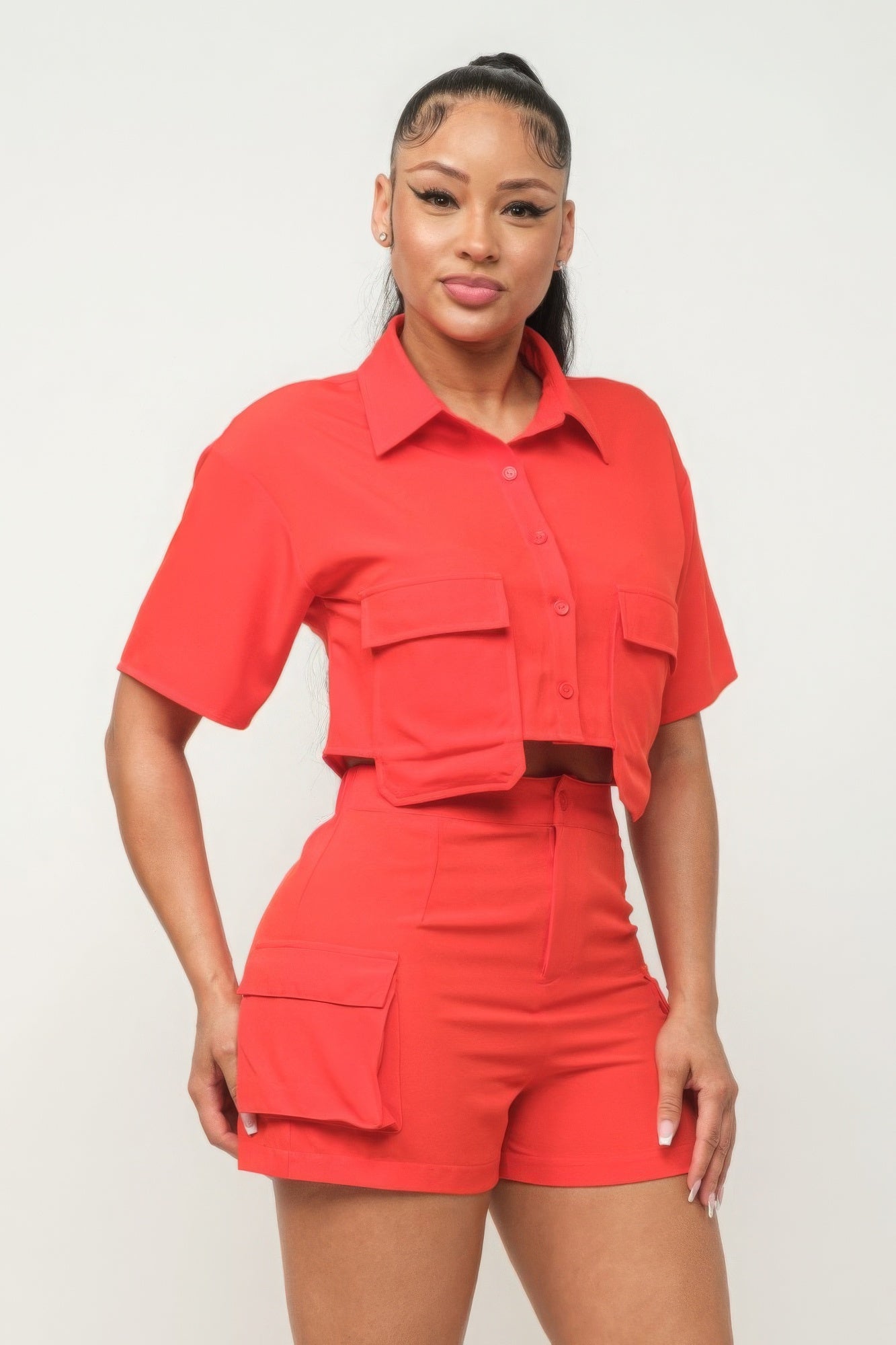 Front Button Down Side Pockets Top And Shorts Set - ShopEasier