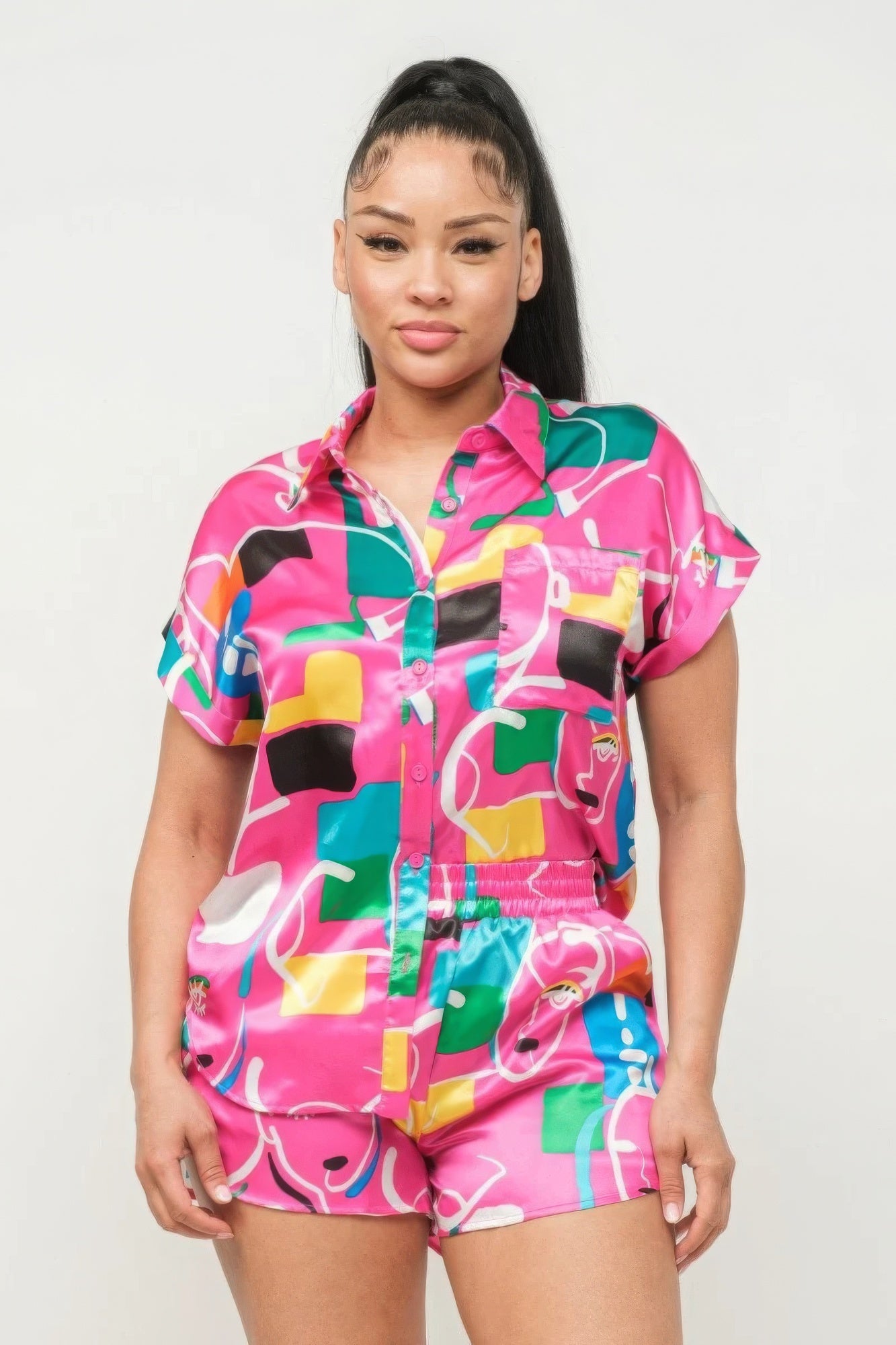 Satin Dolman Print Button Down Top And Shorts Set - ShopEasier