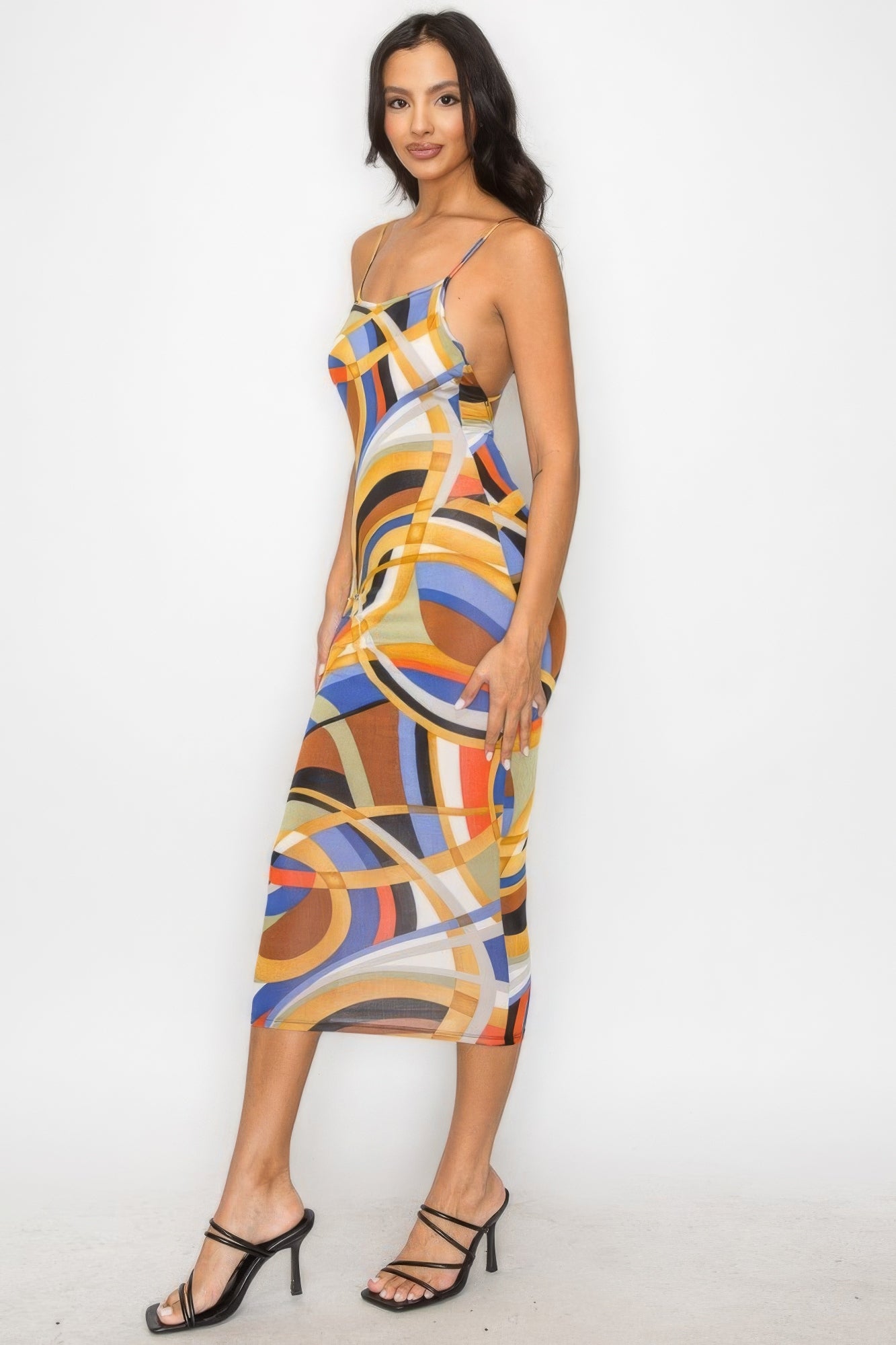 Crossed Back Marble Print Multicolor Midi Dress - ShopEasier