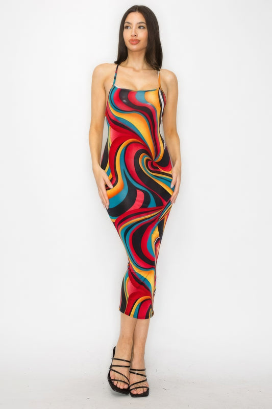 Crossed Back Marble Print Multicolor Midi Dress - ShopEasier