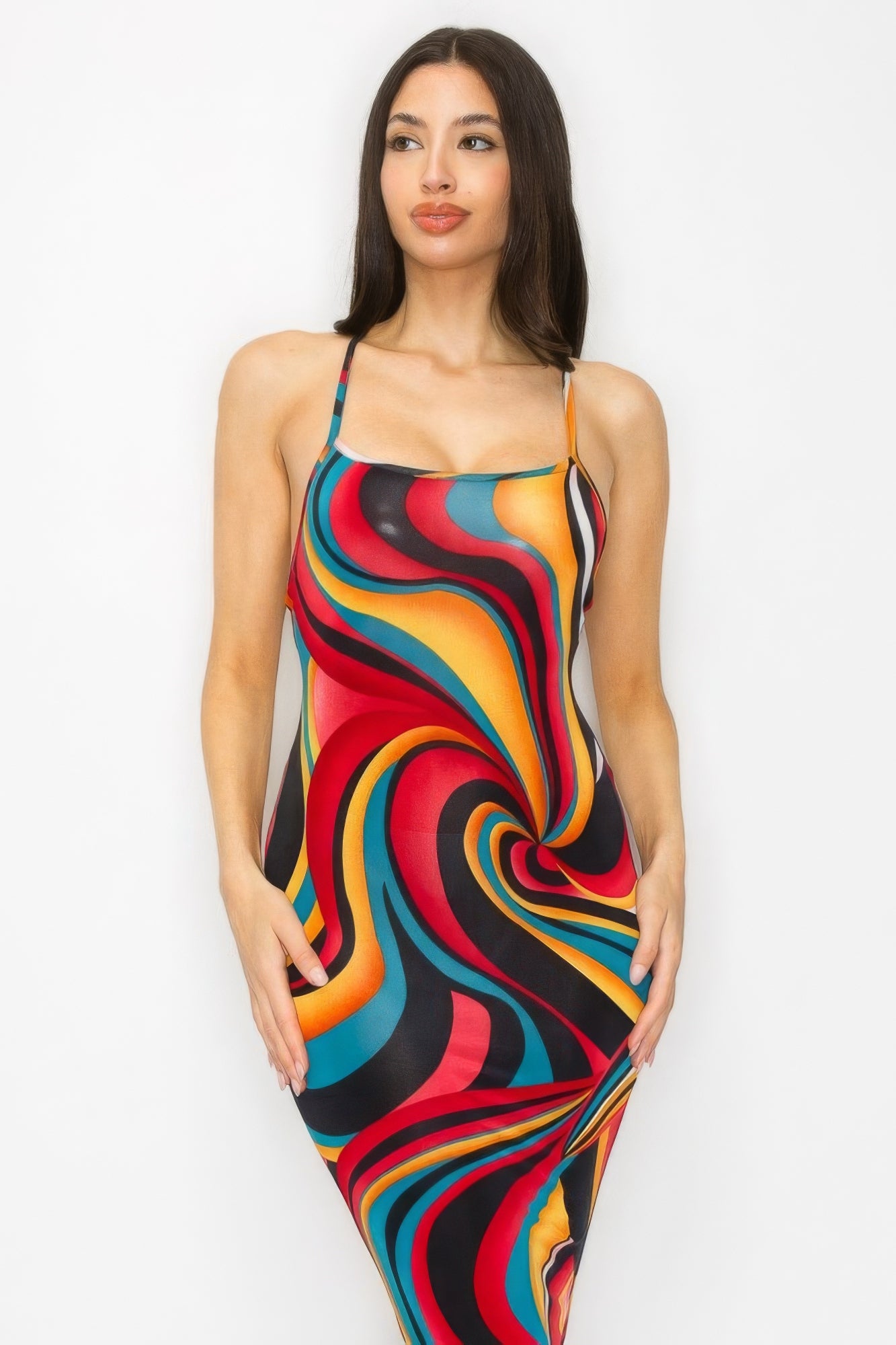 Crossed Back Marble Print Multicolor Midi Dress - ShopEasier